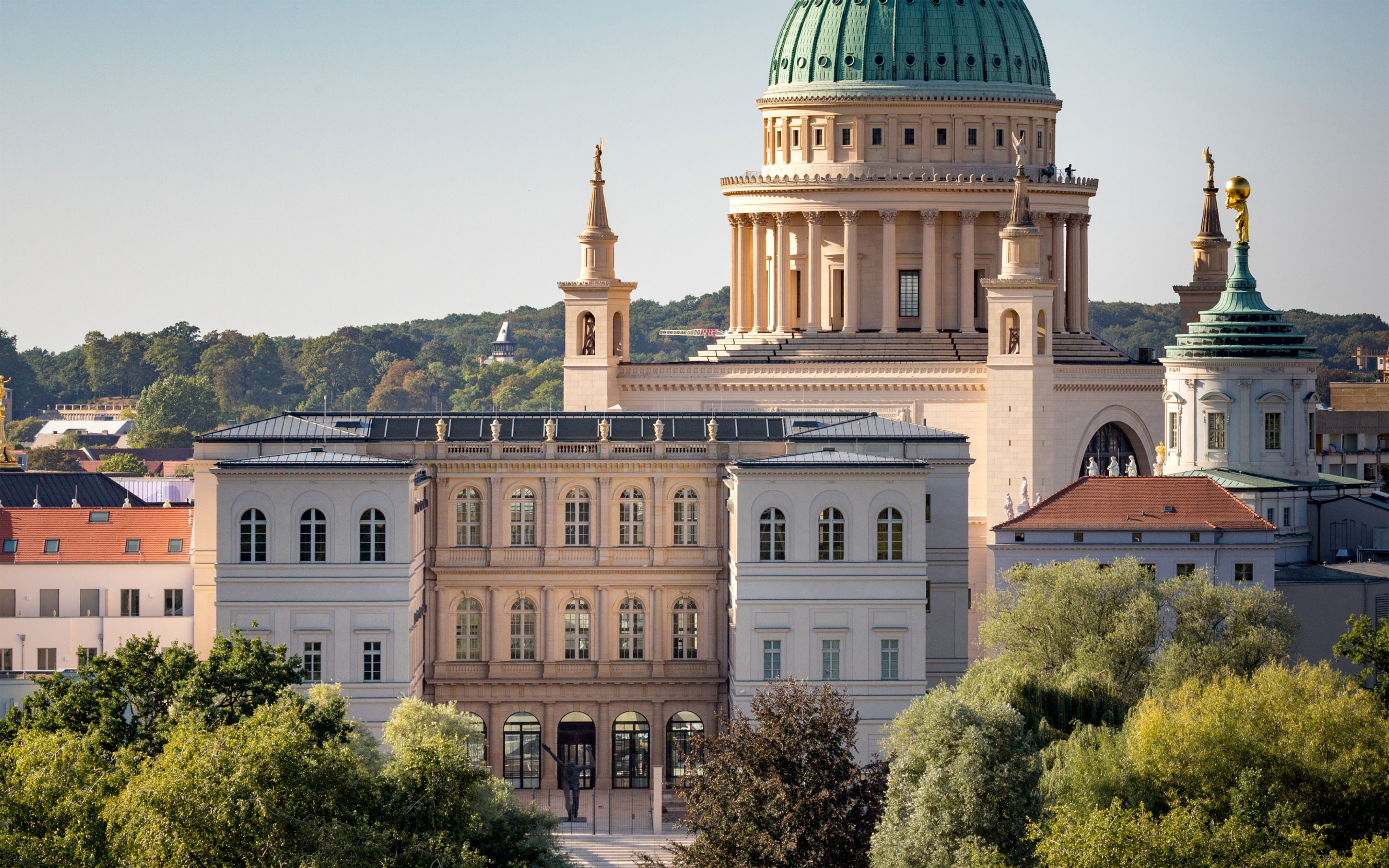 A view across the River Havel to the Museum Barberini in Potsdam, with St Nicholas's Church beyond