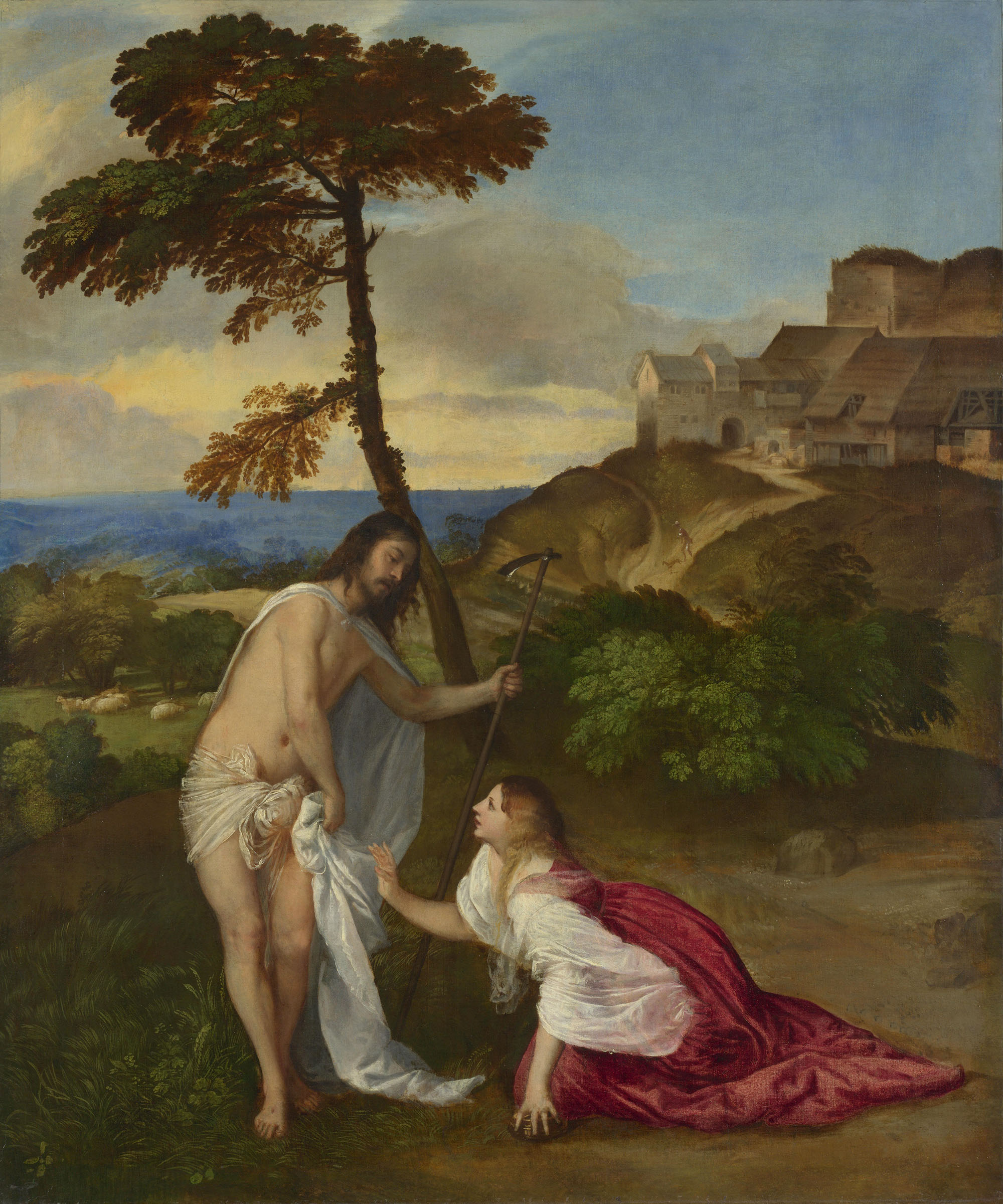The figure of Mary Magdalene in Titian's Noli me Tangere, circa 1514, is reminiscent of the Madonna in The Rest on the Flight into Egypt. National Gallery, London