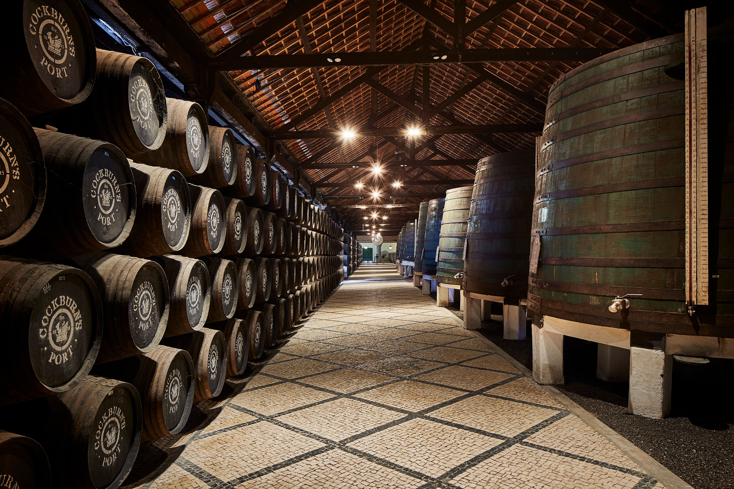 The cellars where Cockburn's port is aged in vats and oak barrels. For vintage ports, this is the preliminary stage: most of the ageing takes place after bottling