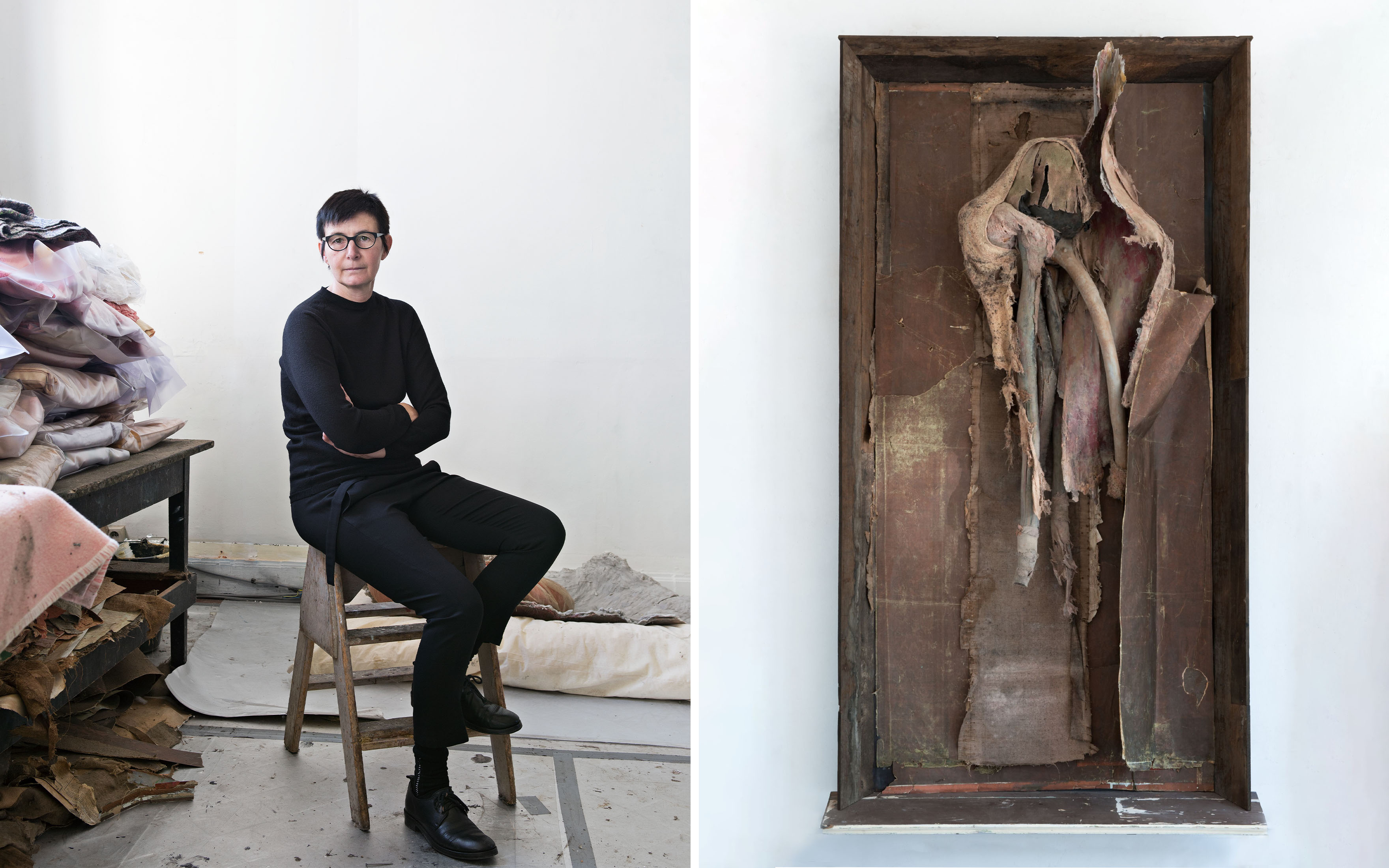 Berlinde De Bruyckere in her Ghent studio, 2018. Right, Berlinde De Bruyckere, It Almost Seemed a Lily III, 2017, offered in Post-War to Present on 27 June 2024 at Christie's in London