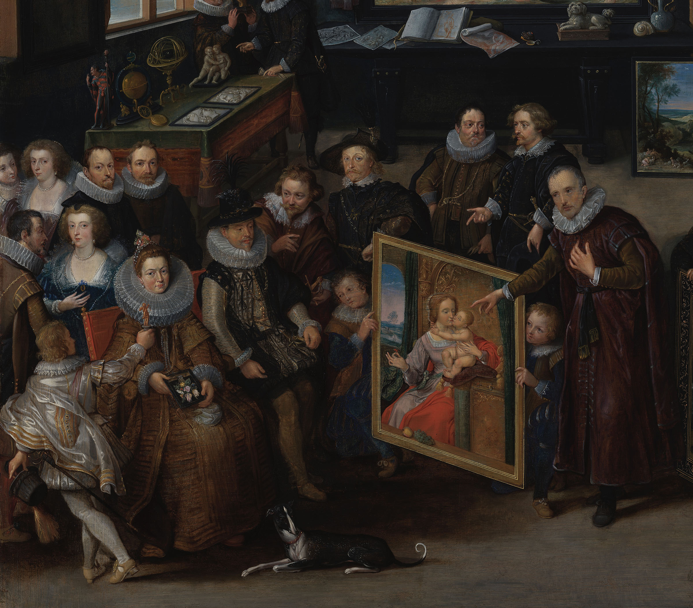 Willem van Haecht, The Gallery of Cornelis van der Geest, 1628 (detail). Peter Paul Rubens can be seen at the shoulder of Archduke Albert VII, extolling the painting's virtues to him