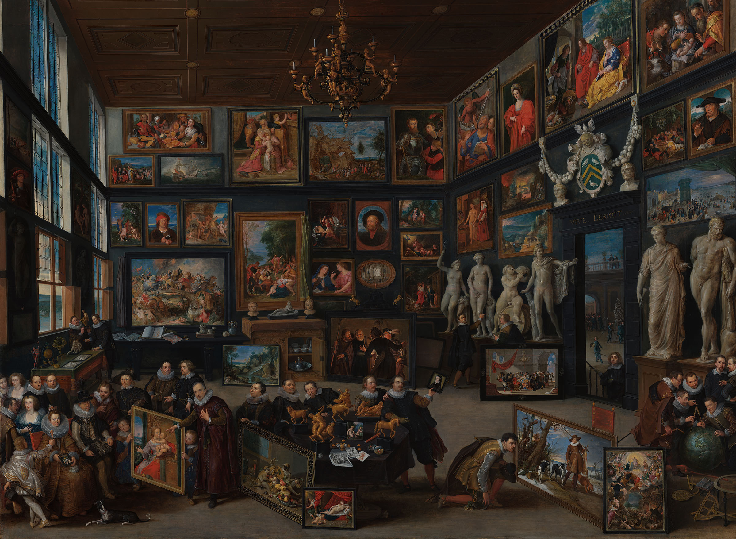 Willem van Haecht, The Gallery of Cornelis van der Geest, 1628. Oil on panel. Rubenshuis, Antwerp. In the foreground, left, the collector Cornelis van der Geest shows The Madonna of the Cherries to Archduke Albert VII of Austria and Archduchess Isabella Clara Eugenia. A later owner of Metsys's work, Peeter Stevens, is seen at the centre of the gallery, admiring a portrait miniature