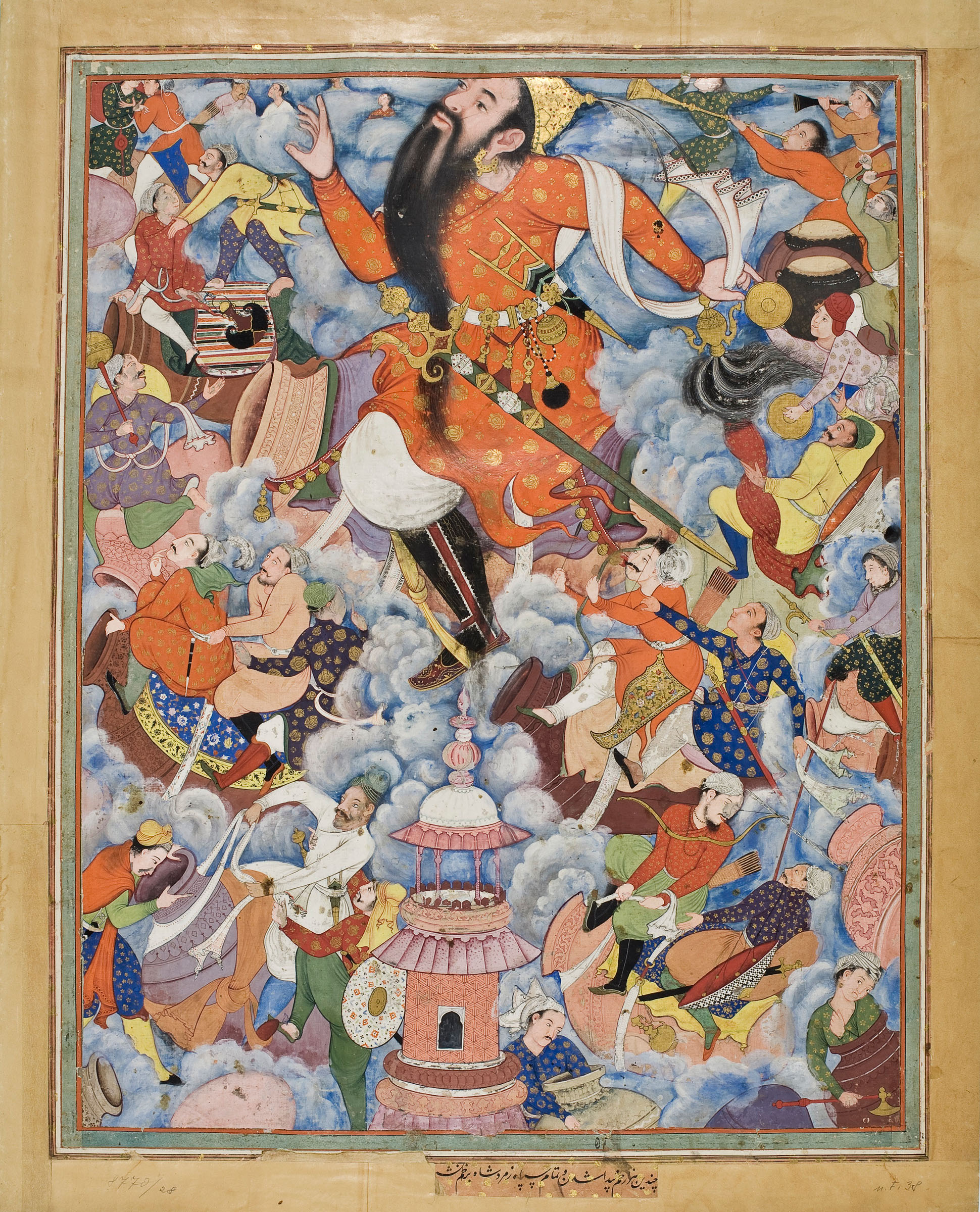The giant Zumurrud Shah flees with his army by flying away on urns sent by sorcerers. Folio from the Hamzanama, circa 1562-77, at the V&A South Kensington, London