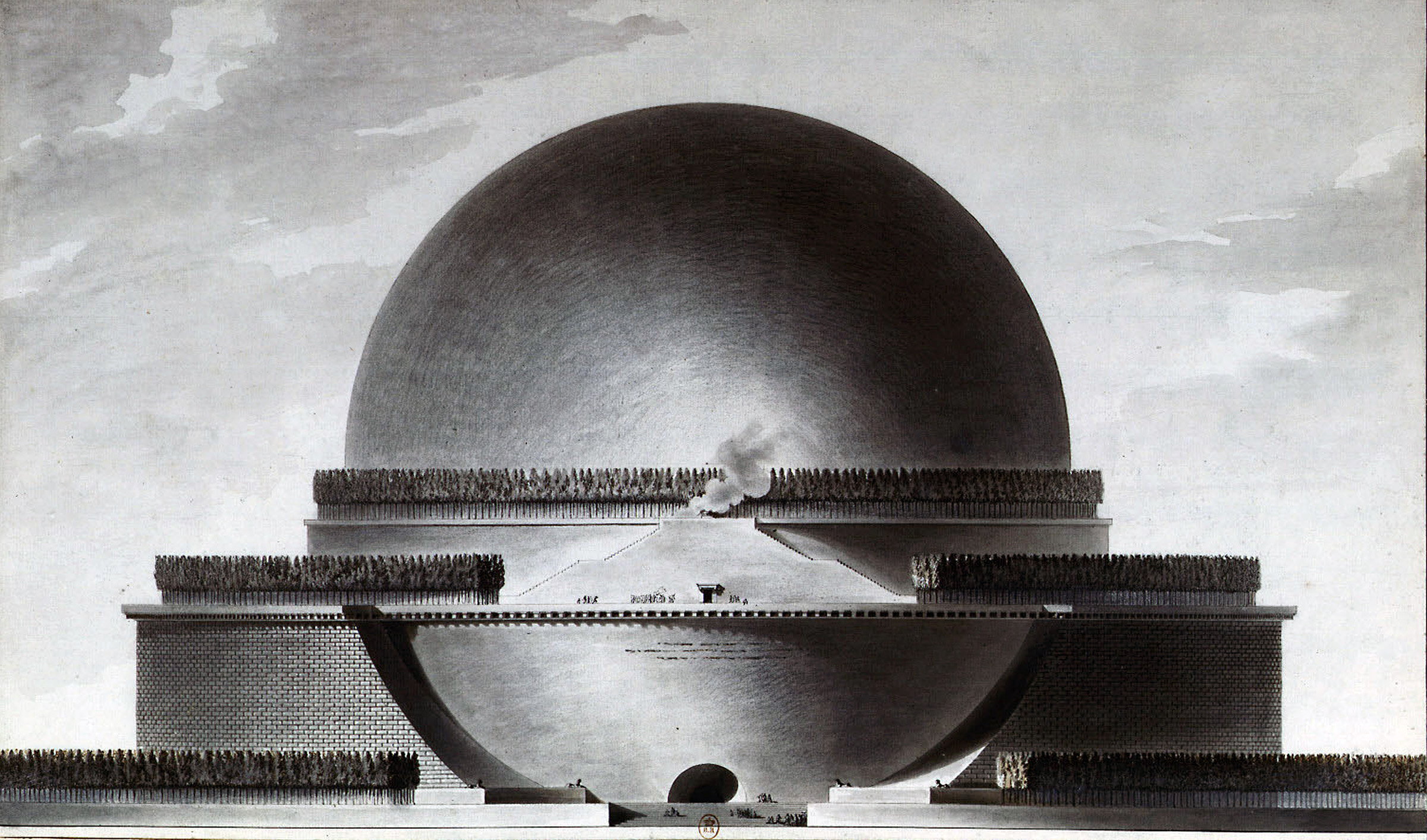 The Cenotaph for Newton, an unrealised design by the 18th-century French architect Etienne-Louis Boullee for 'a true Earthly Paradise' where day would become night and night day