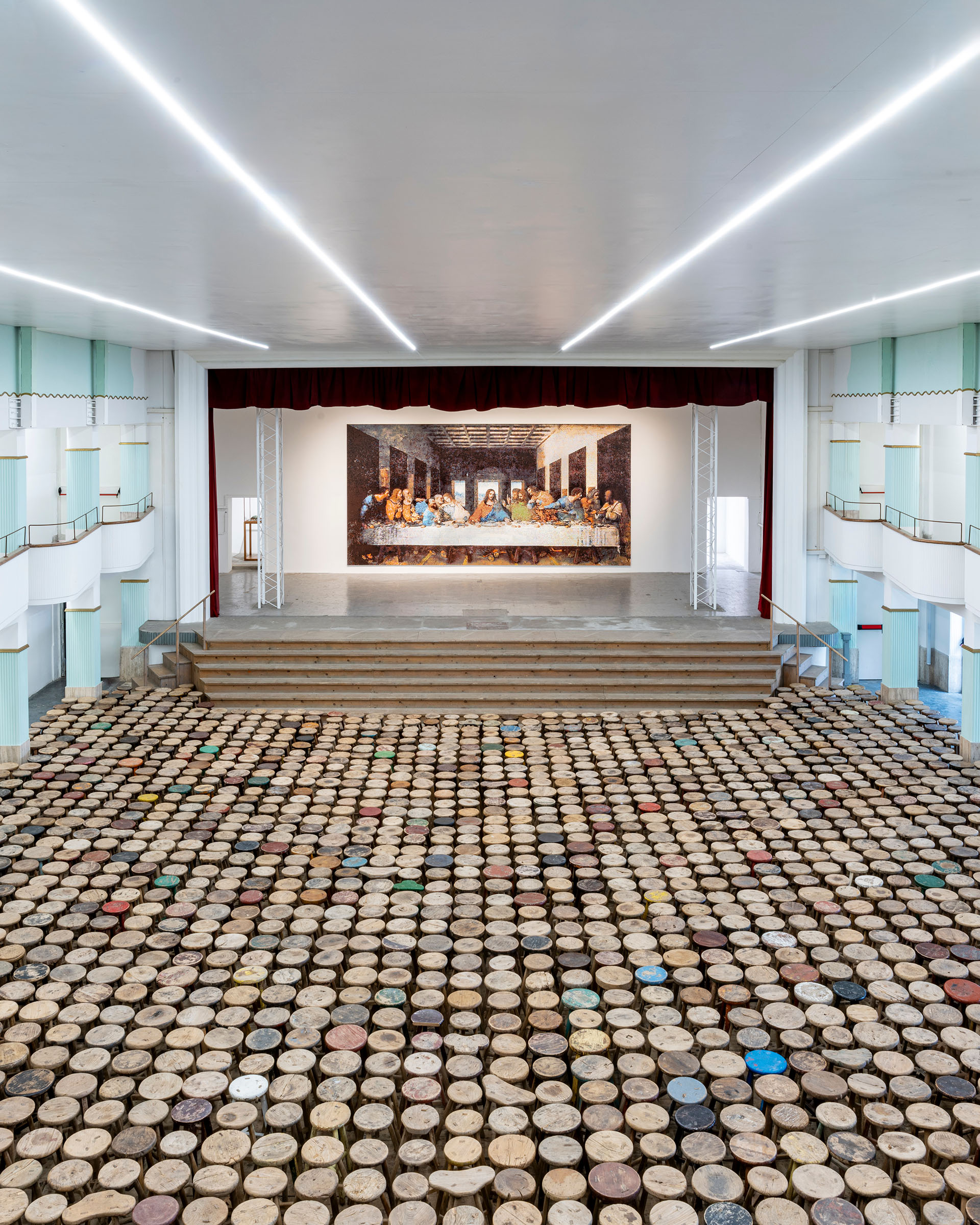 Works on show in Ai Weiwei: Neither Nor at Galleria Continua in San Gimignano include Stools, 2013, which consists of 2,358 wooden stools, and The Last Supper, 2022, made of Lego