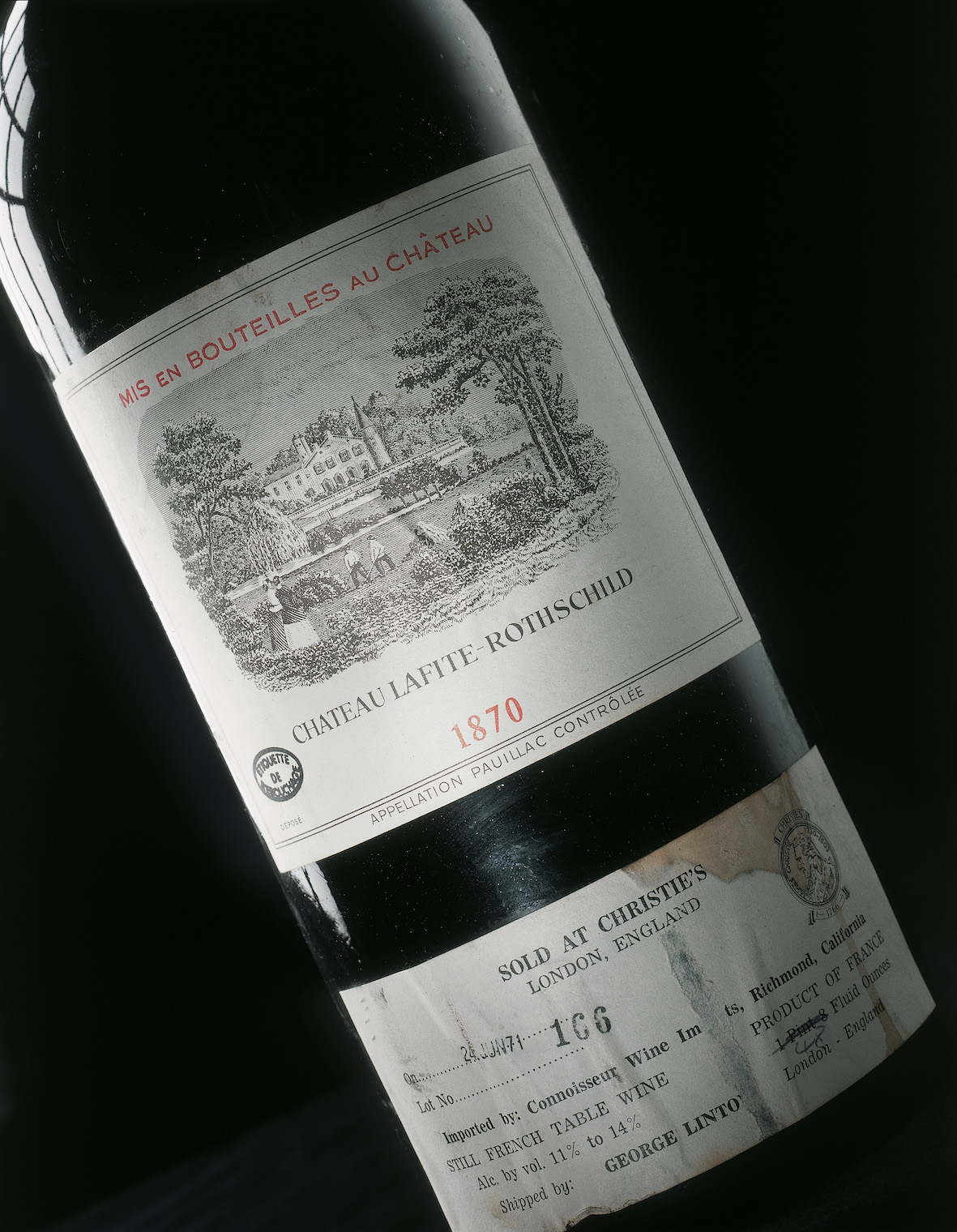 A magnum of Chateau Lafite Rothschild 1870 from the Glamis Castle cellar. The collection was first sold at Christie's in 1971, with an example appearing most recently in 2002