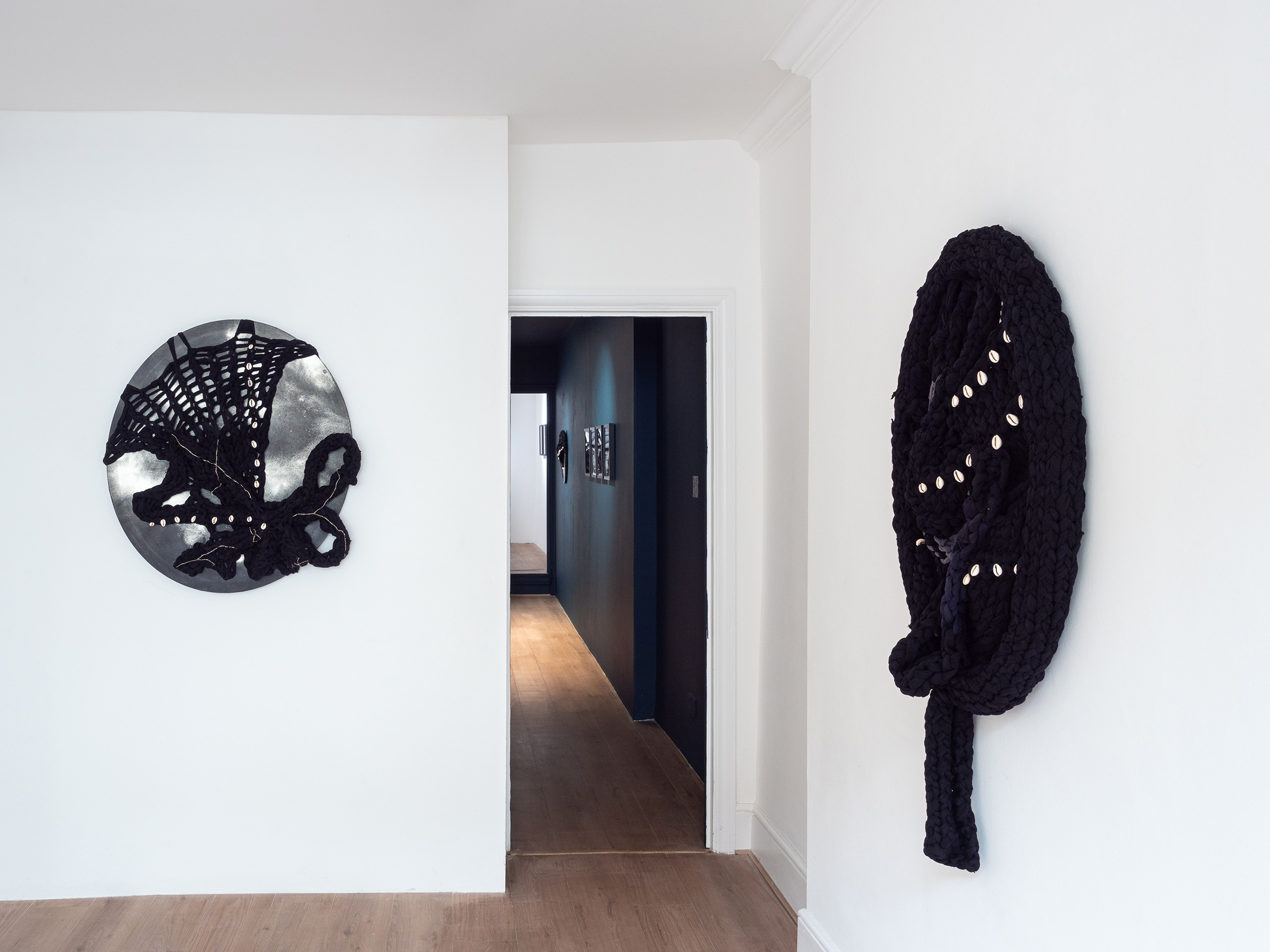 Installation view of Enam Gbewonyo, Nude Me/Under the Skin: Dark Stars at Tafeta gallery, London, in 2021