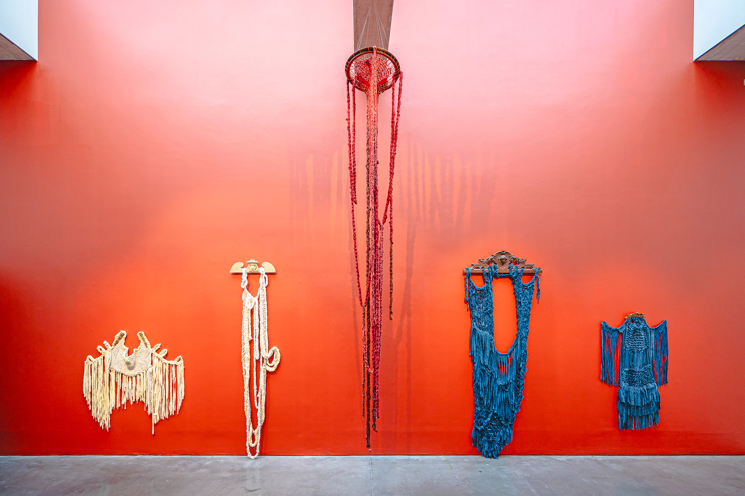 Installation view, Dellu, 2023-24, Gbewonyo's exhibition of textural works and performances on film at the New Art Exchange in Nottingham, UK