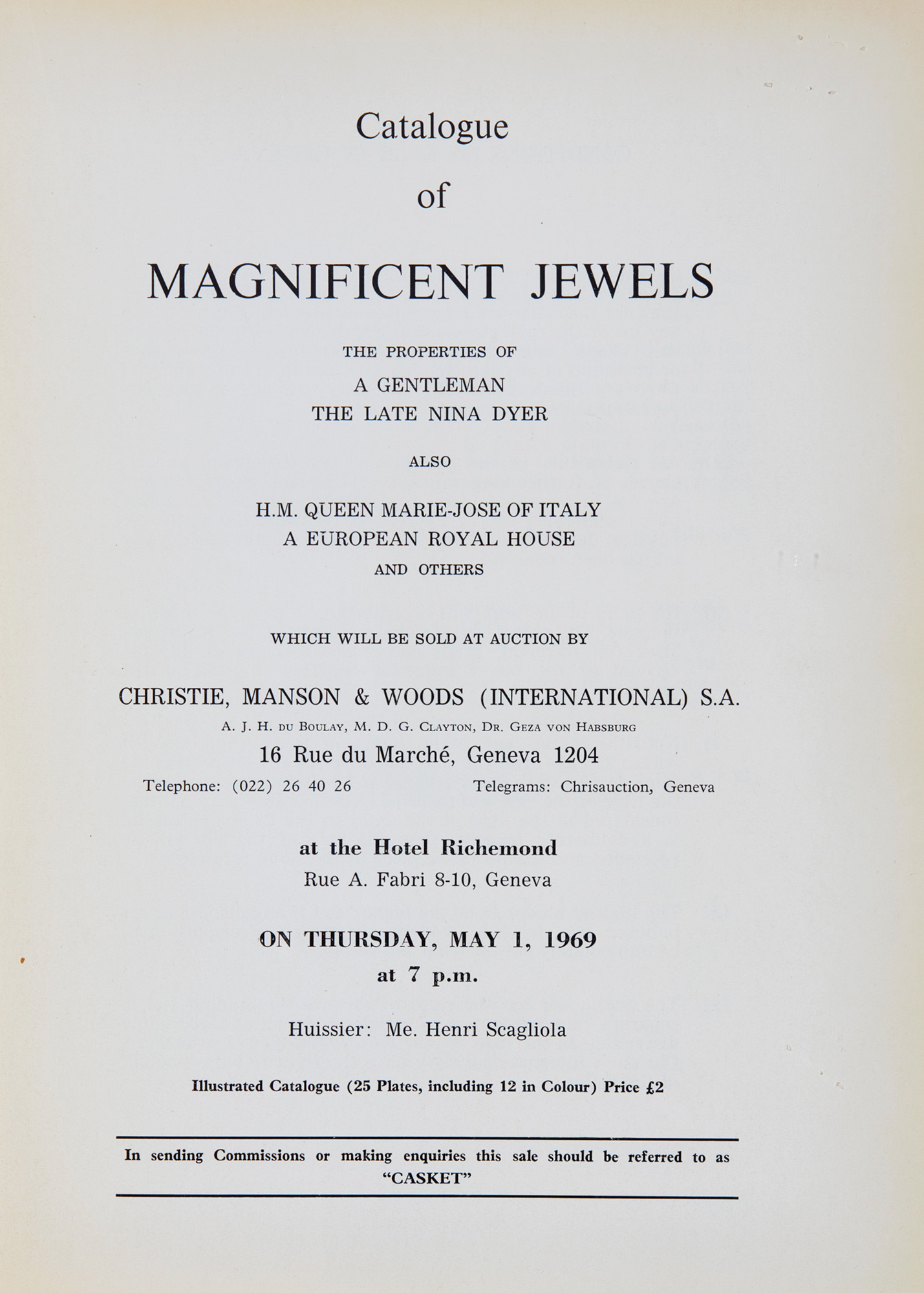 The catalogue for the inaugural Magnificent Jewels sale held by Christie's in Geneva on 1 May 1969, headlining the property of the late Nina Dyer