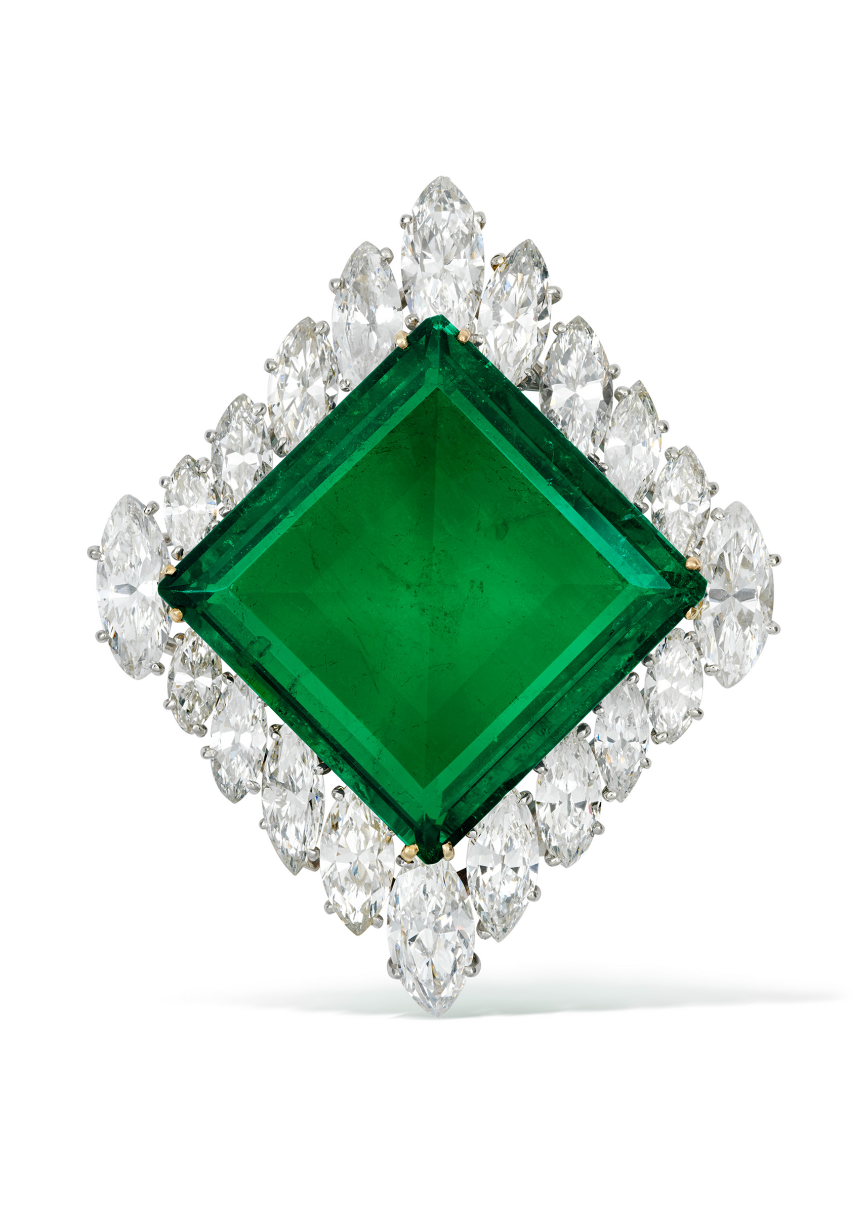 The Aga Khan Emerald. A Cartier emerald and diamond brooch, 1960, sold for CHF 7,765,000 (US$8,859,865) on 12 November 2024 at Christie's in Geneva