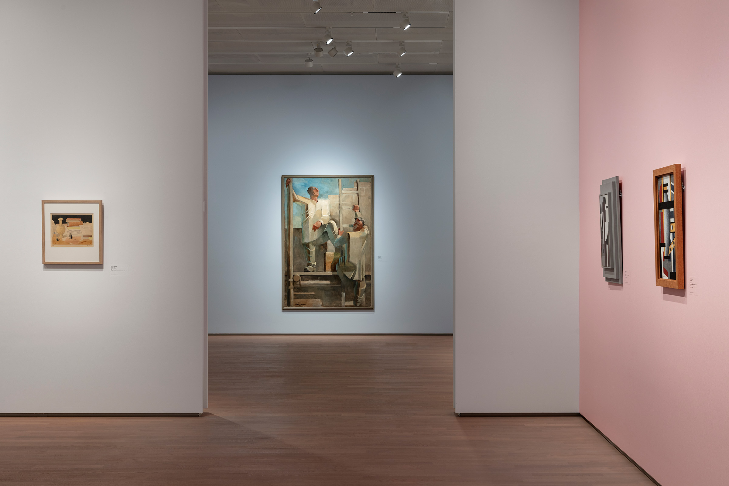 Installation view of Passions of the North at Kunstsilo. From left: Otto G. Carlsund, Still Life, 1934, Carl von Hanno, Murere (Masons), 1932, Ragnhild Keyser, Komposisjon i gratt (Composition in Grey), 1926, Otto G. Carlsund, Dekorativ komposition (Decorative Composition), 1933