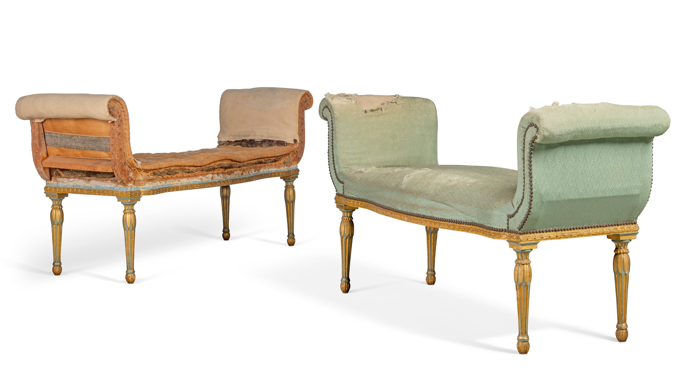 A pair of George III green-painted and parcel-gilt conversation stools, by Thomas Chippendale, circa 1770-72, offered in Collections: Including the Property of the Earl of Harewood and from a Private Roman Apartment Overlooking the Tiber until 23 October 2024 at Christie's Online