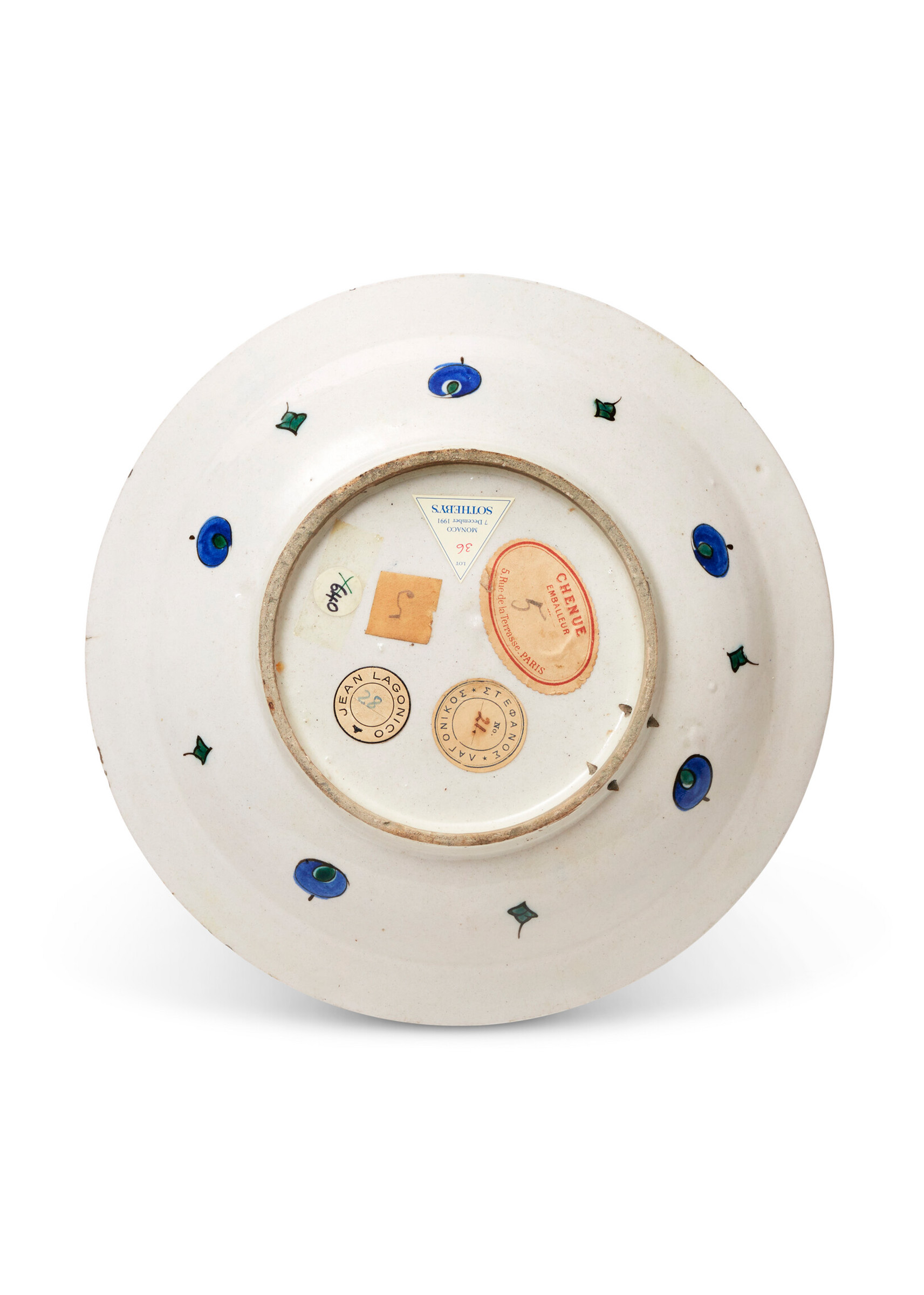 As indicated by the label on the base, this dish was formerly in the Lagonico Collection, originally assembled by Stefanos Lagonico in Alexandria, Egypt, in the 1920s. The private collections of the Greek community in Alexandria would go on to form the core of the Exposition d'art Musulman, in 1925, only the second great exhibition of Islamic art, which included pieces from the Lagonico collection