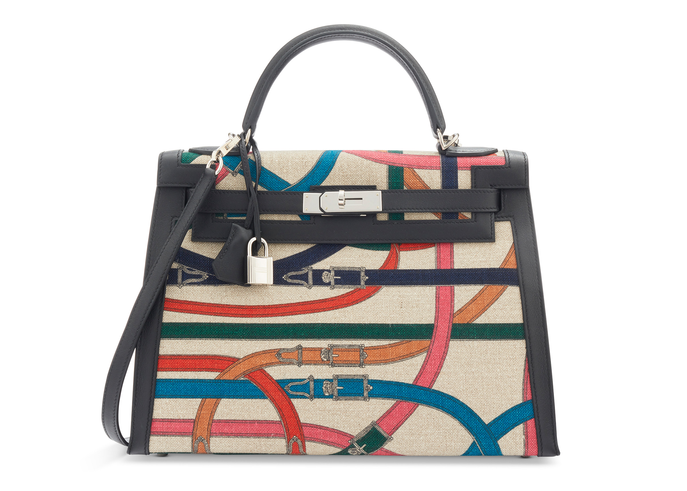 A limited-edition toile de camp Cavalcadour and black Swift leather Sellier Kelly 32 with palladium hardware, Hermes, 2017, offered in Unlocking the Orange Dream: Handbags from an Important Private Collection from 30 October to 13 November 2024 at Christie's Online