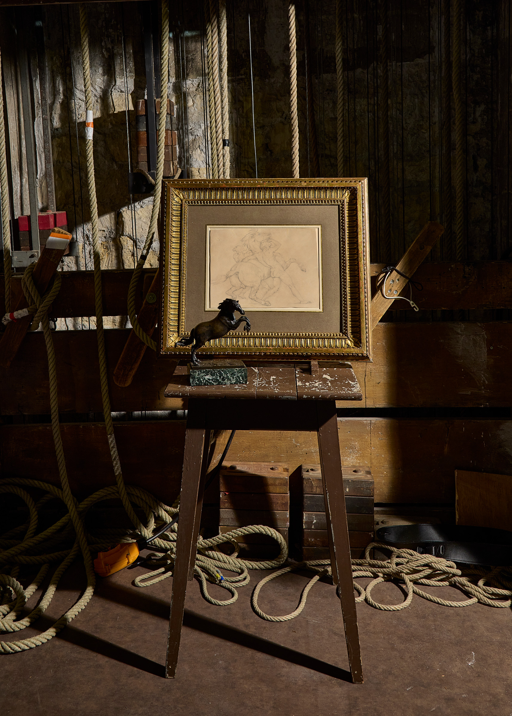 Jean-Louis-Andre-Theodore Gericault, Horse Rearing Up, Held Back by Two Men, and Francesco Fanelli, A bronze figure of a leaping horse, both offered in Maitres Anciens: Peintures - Dessins - Sculptures on 21 November 2024 at Christie's in Paris