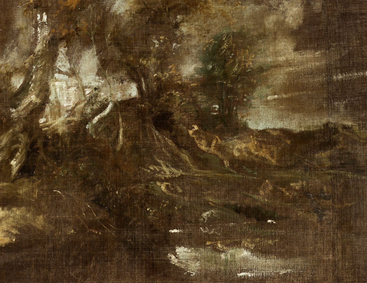 The landscape on the reverse of Van Dyck's An Andalusian horse. Its revelation, following the removal of a later relining canvas, marked an important addition to the artist's oeuvre, as it is the only surviving landscape in oils from his entire career