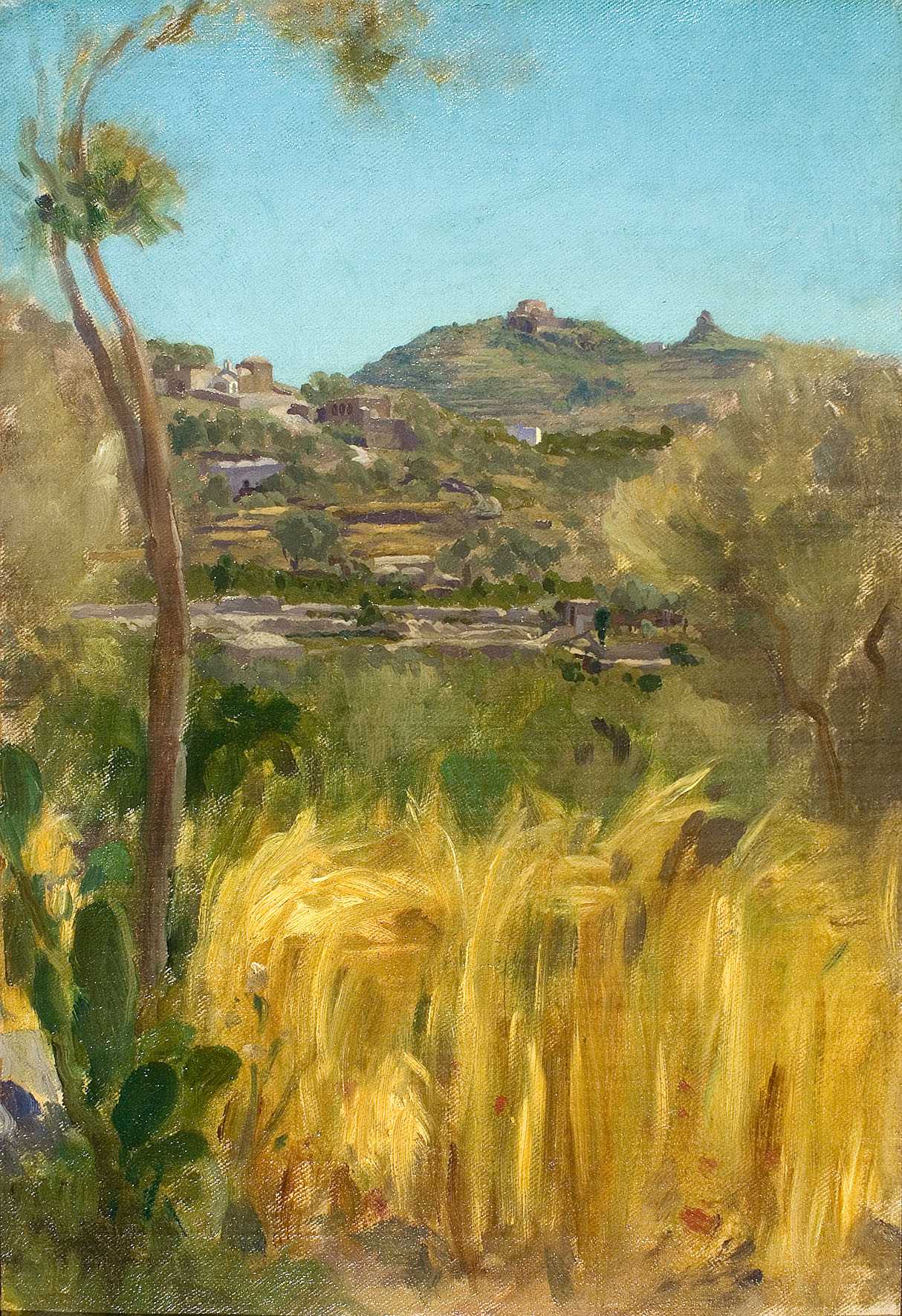 Frederic Leighton, A Village on a Hill, Capri, 1859-60. In the distance are the ruins of the Villa Jovis, and the church of San Michele alla Croce to the left