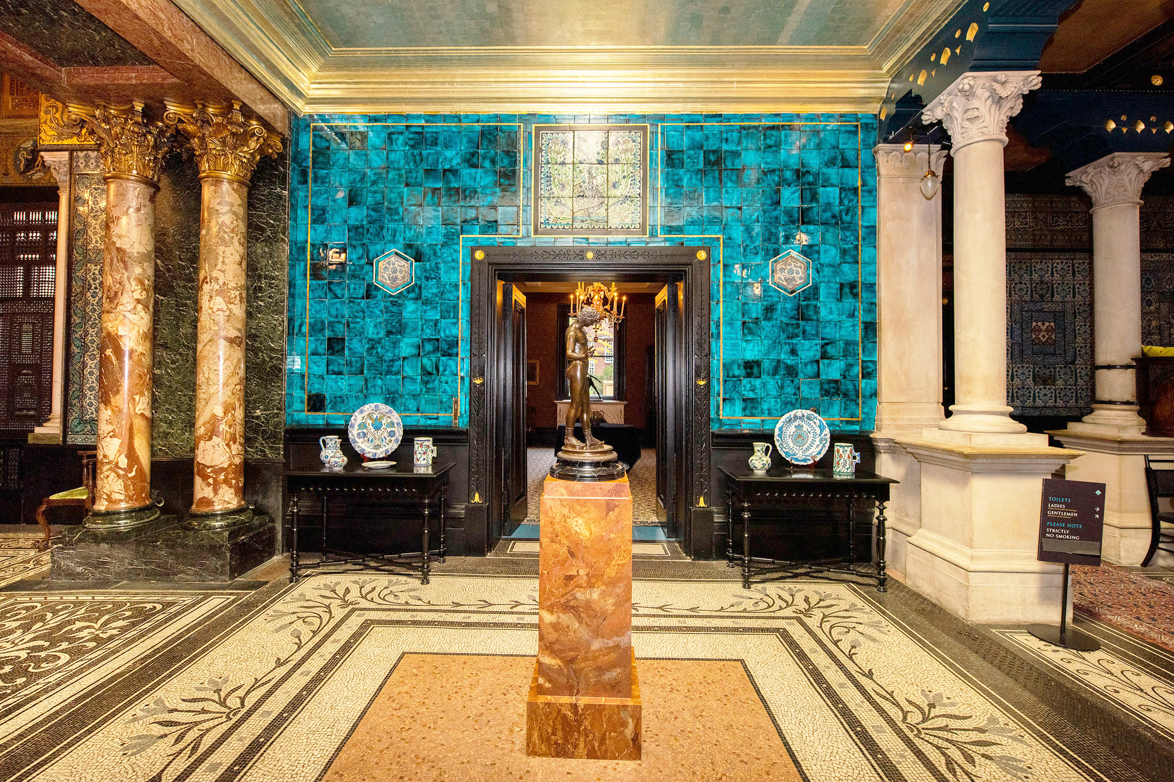 Narcissus Hall at Leighton House, 1877-81, named for its centrepiece, a bronze of the eponymous figure from Greek mythology. The room acts as a link between the main part of the house and the Arab Hall