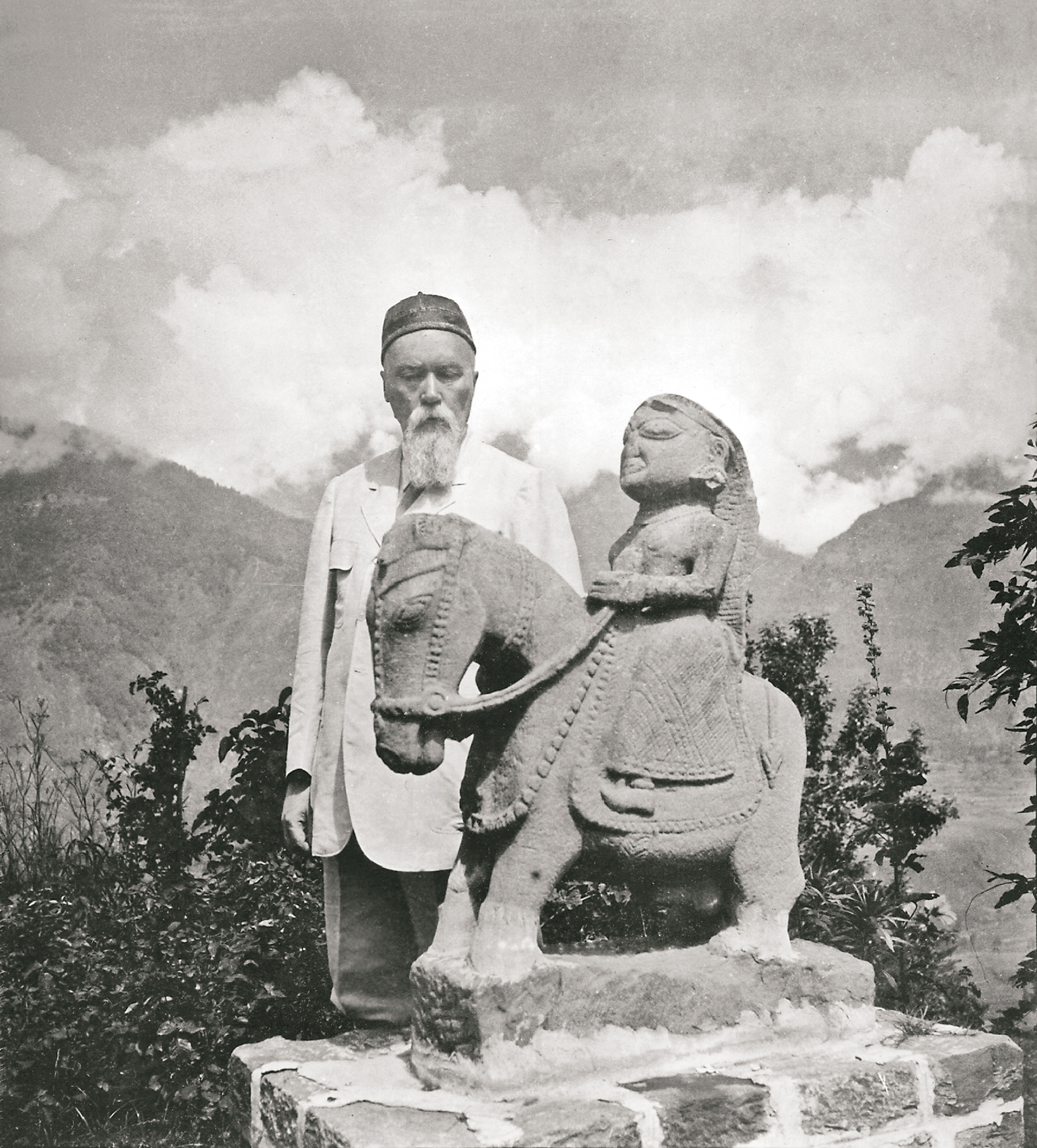 Roerich in the Kullu district of Himachal Pradesh, India, with an equestrian statue of Guga Chauhan, one of the guardians of the valley. His residence, the Roerich Memorial House, remains an attraction in the village of Naggar