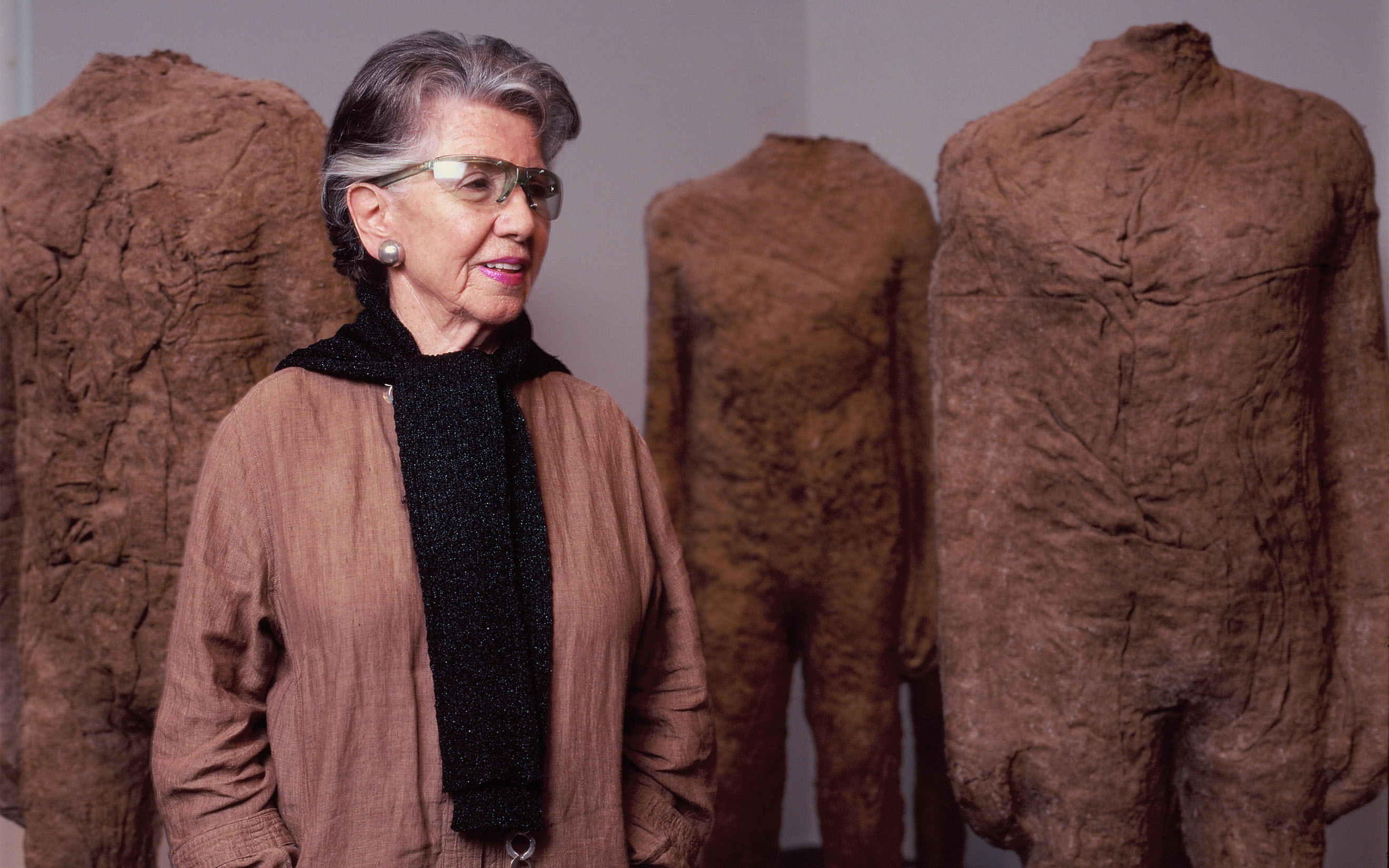 Founder of Museum Kampa, Meda Mladek, with Figures (1970s) by Magdalena Abakanowicz