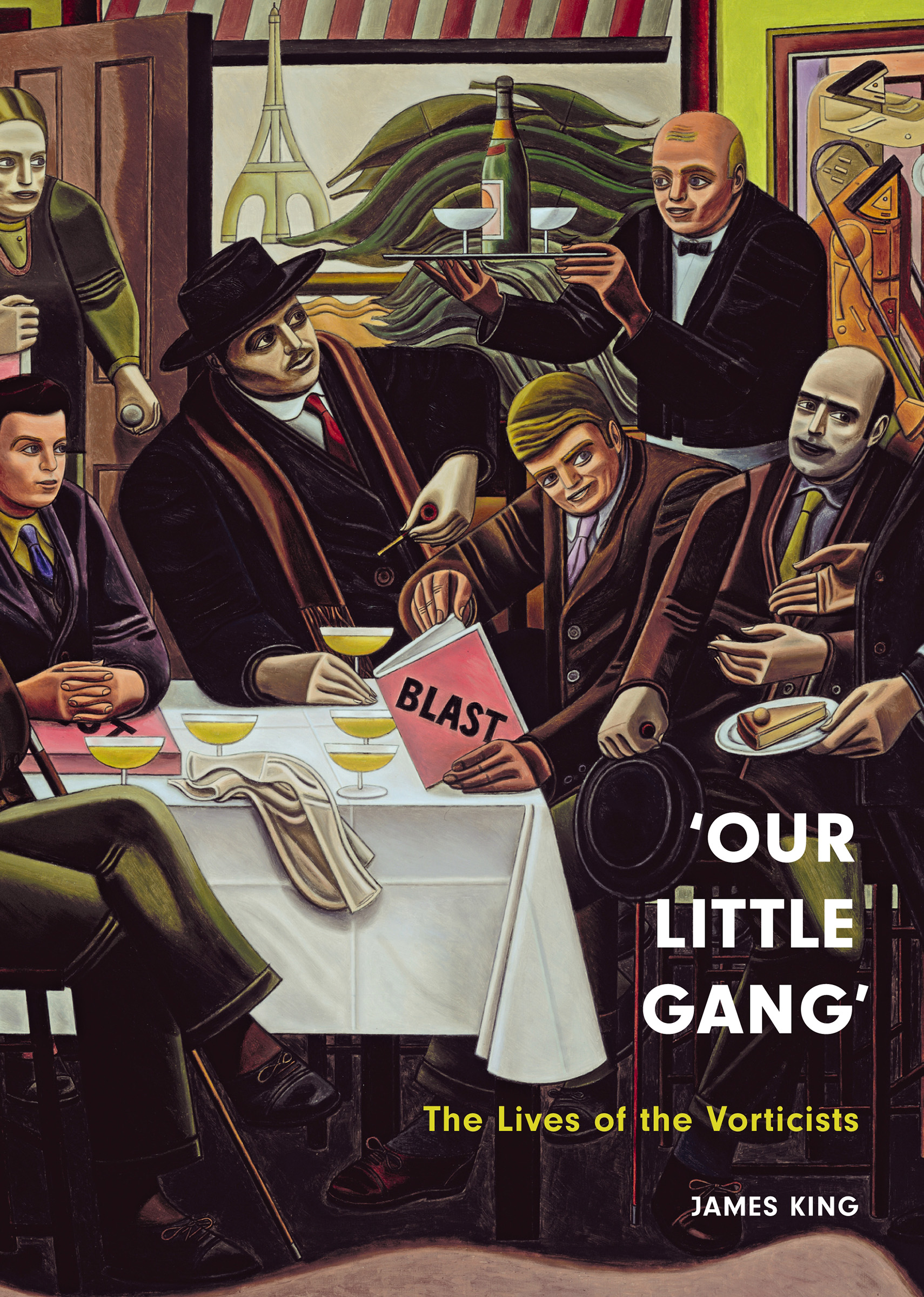 A detail of The Vorticists at the Restaurant de la Tour Eiffel: Spring, 1915 (1961-62) by William Roberts, on the cover of Our Little Gang: The Lives of the Vorticists, by James King, published by Reaktion Books
