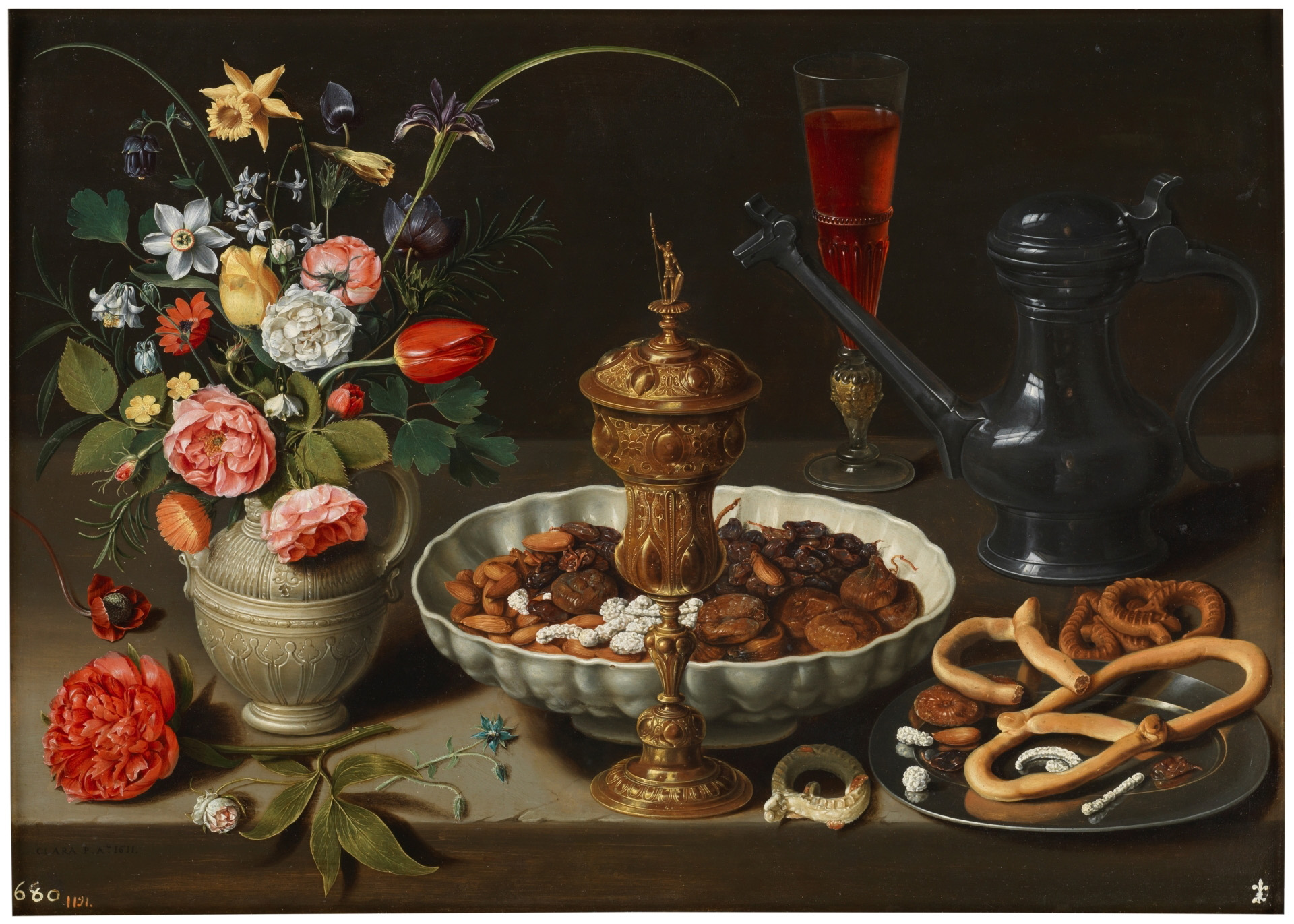 Clara Peeters, Still Life with Flowers, a Silver-gilt Goblet, Dried Fruit, Sweetmeats, Breadsticks, Wine and a Pewter Pitcher, 1611, by Alejandro Vergara-Sharp, published by Lund Humphries