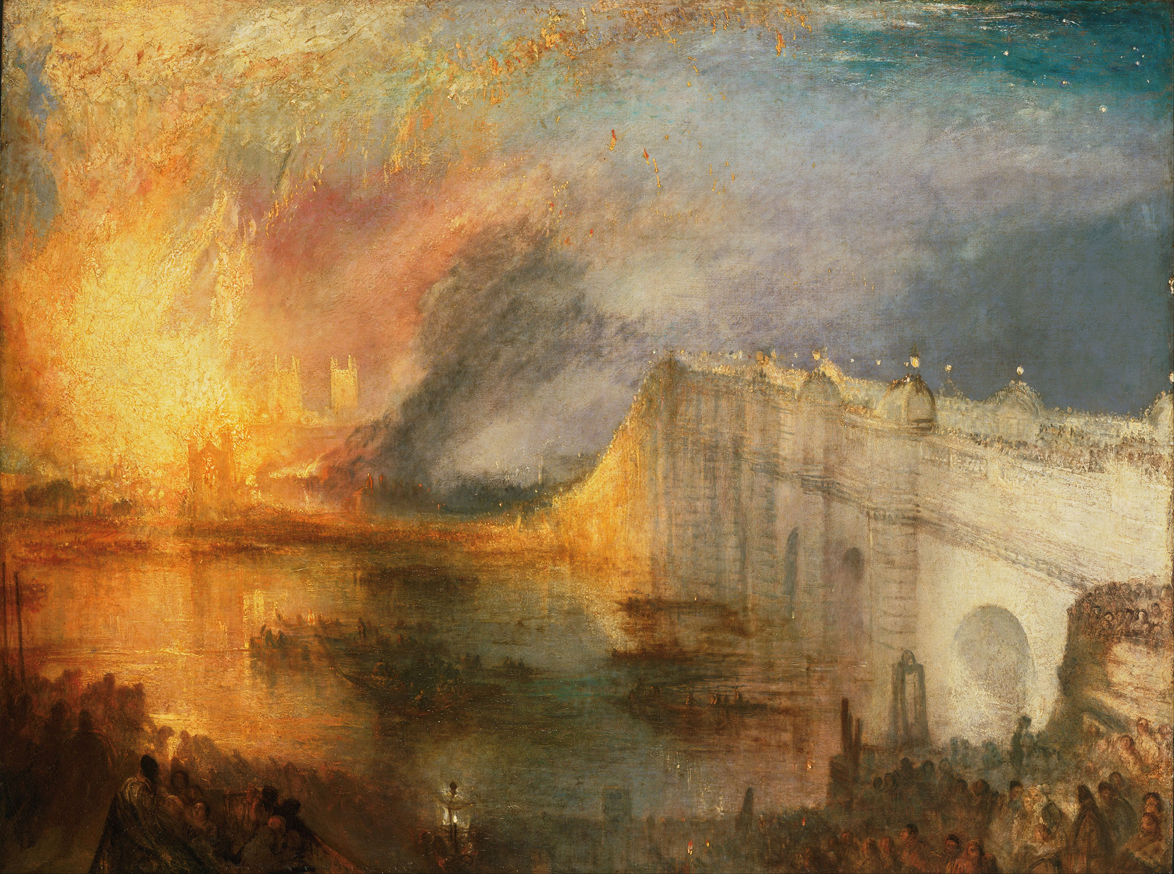 Joseph Mallord William Turner, R.A., The Burning of the Houses of Lords and Commons, 16th October, 1834 (1834-1835). This is one of Turner's two oils on the subject, based on sketches he made while witnessing the event