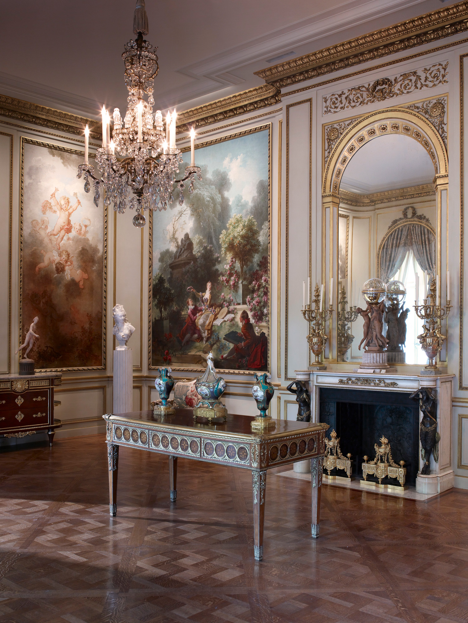 The Fragonard Room at the Frick Collection, New York, which houses Jean-Honore Fragonard's full ensemble of 14 canvases The Progress of Love, alongside a remarkable group of French 18th-century furniture