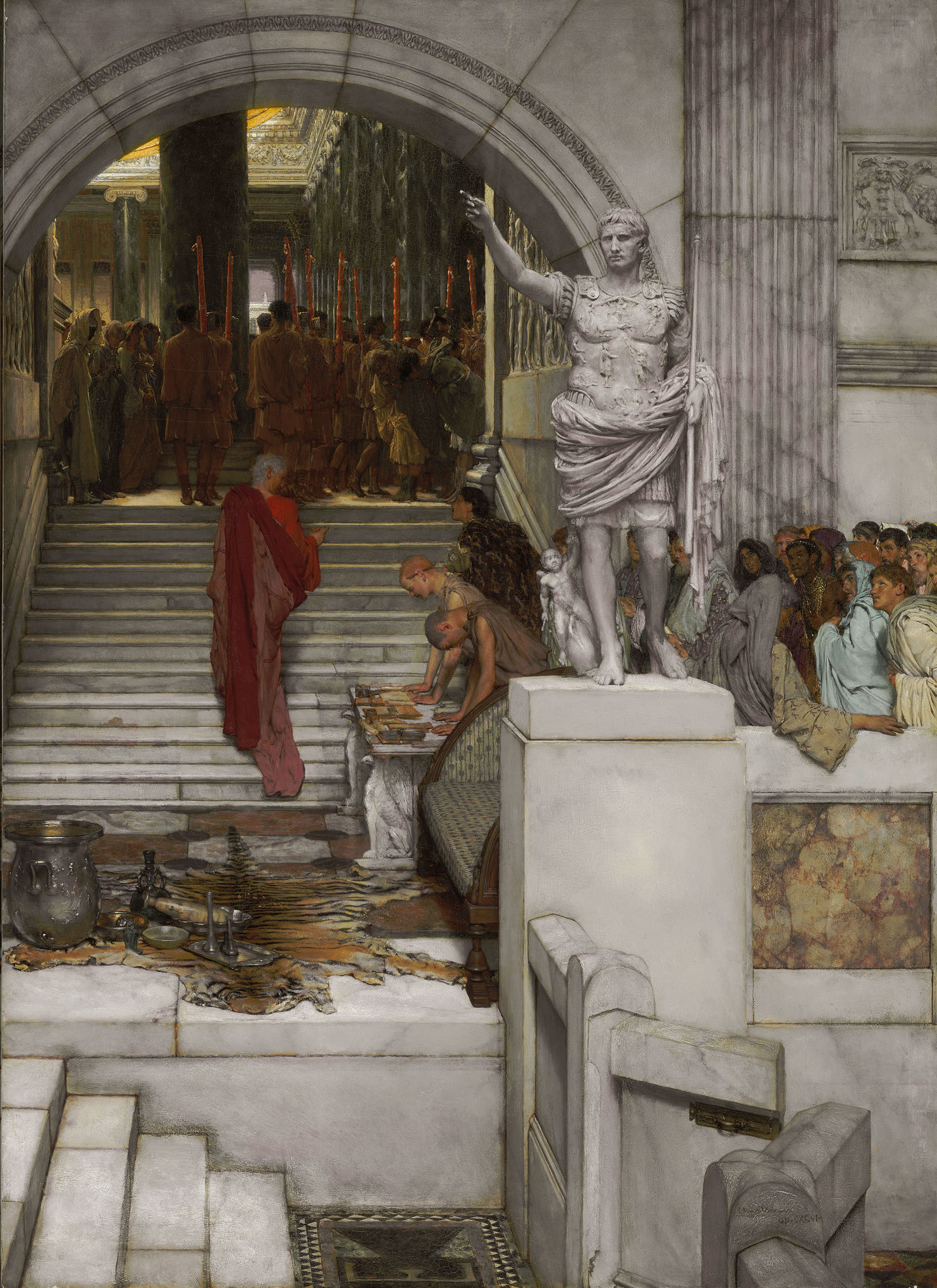 Lawrence Alma-Tadema, After the Audience, 1879, National Gallery, London. Alma-Tadema has imagined an audience in the villa of Marcus Vipsanius Agrippa: petitioners have laid offerings before him, but these have been ignored as Agrippa retreats up the steps. The artist conjures a vision of the ancient world that is completely convincing, achieved through a meticulous study of both Roman antiquities and literary sources such as Seneca and Pliny