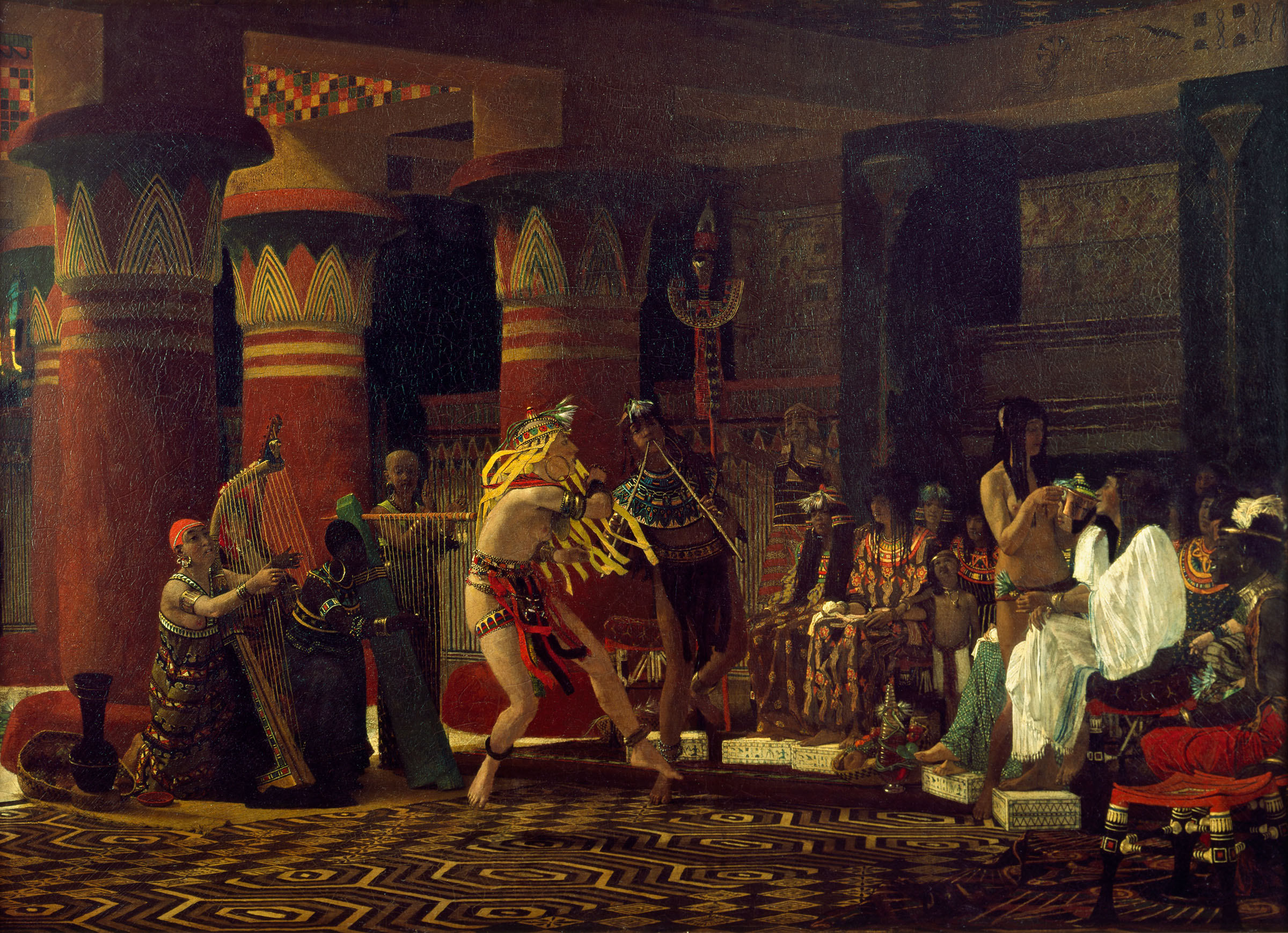 Lawrence Alma-Tadema, Pastime in Ancient Egypt Three Thousand Years Ago, 1863, Harris Museum and Art Gallery. The work depicts an ambassador, dressed in white, being entertained at a royal court in Memphis. It was was inspired by a wall painting Alma-Tadema saw during a visit to the British Museum in 1862