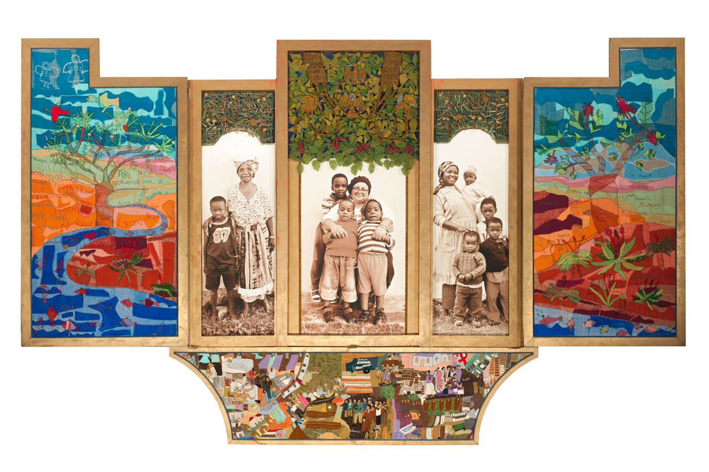 Keiskamma Altarpiece, 2004-05. Embroidery, beadwork, wire sculpture and photography. Created by about 130 members of the Xhosa community, mostly women, living along the Keiskamma River in South Africa's Eastern Cape, the monumental work is a memorial to community members who died of AIDS and a homage to the strength and agency of the women left behind, at the Norval Foundation, Cape Town