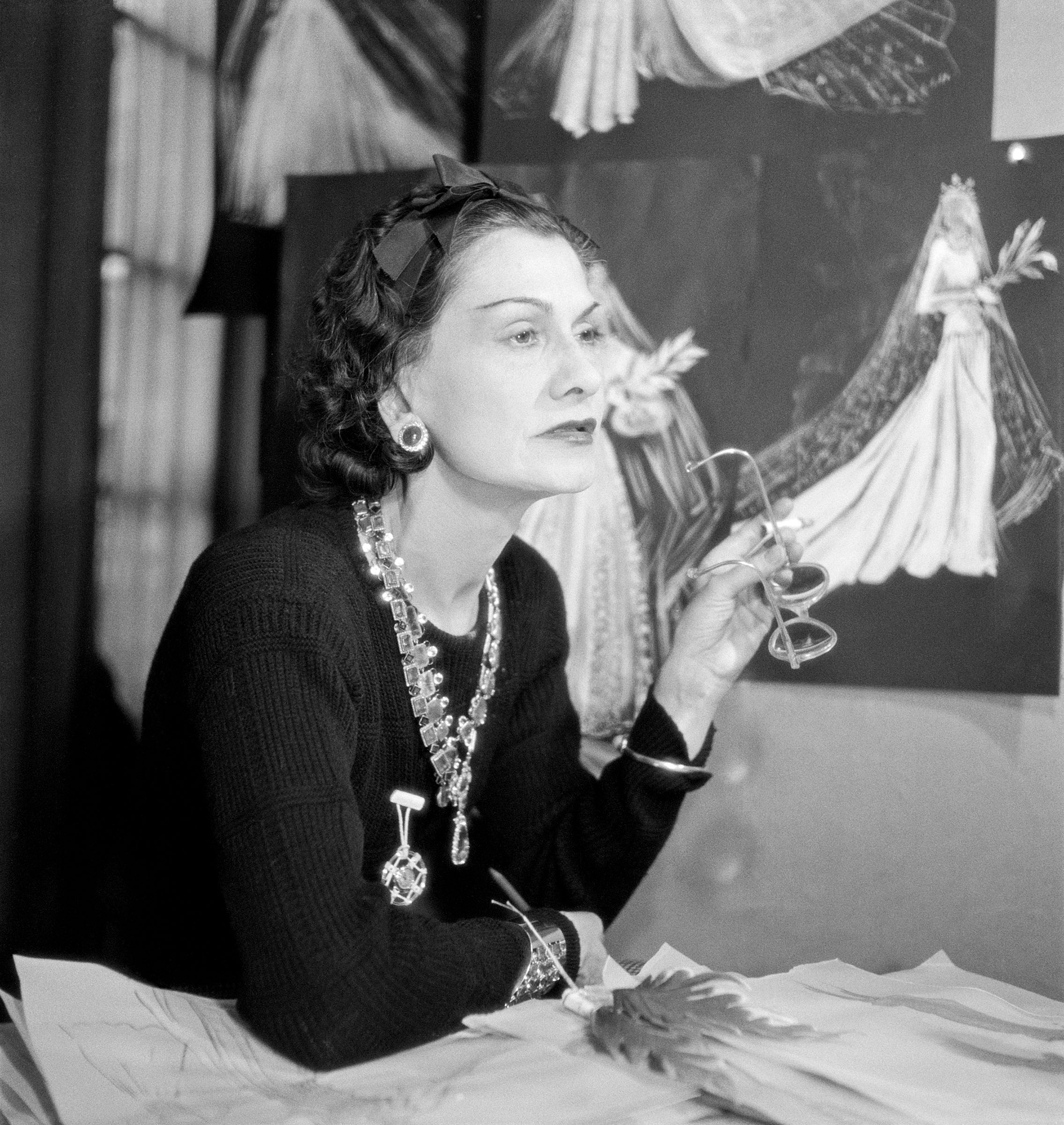 Coco Chanel in her studio at 31 Rue Cambon, Paris, in 1938, photographed by Roger Schall