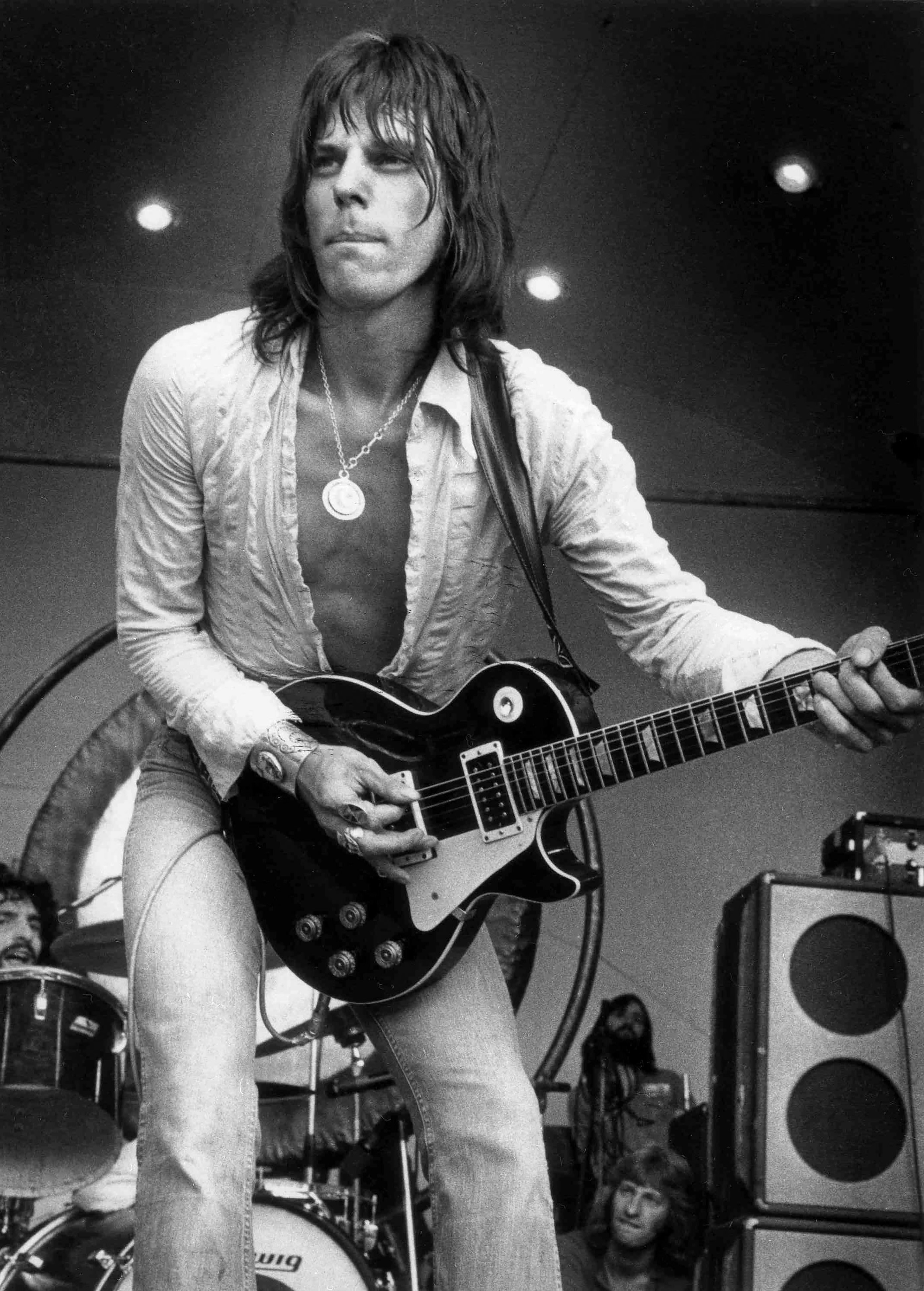 Jeff Beck on stage at the Crystal Palace Garden Party, London, 15 September 1973, playing his Gibson Les Paul The Oxblood, offered in Jeff Beck: The Guitar Collection on 22 January 2025 at Christie's in London