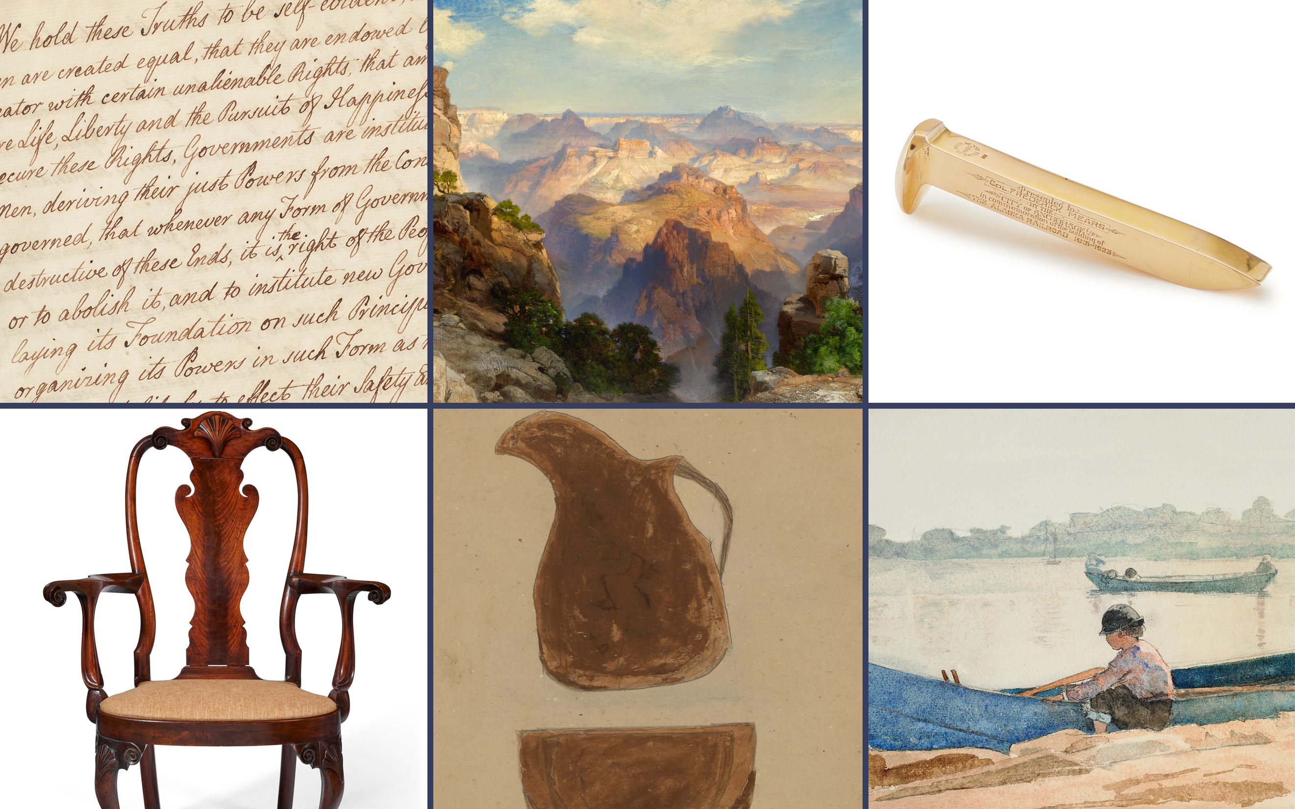 The image features six distinct items including a wooden chair, a parchment excerpt, pottery sketches, and three different paintings.