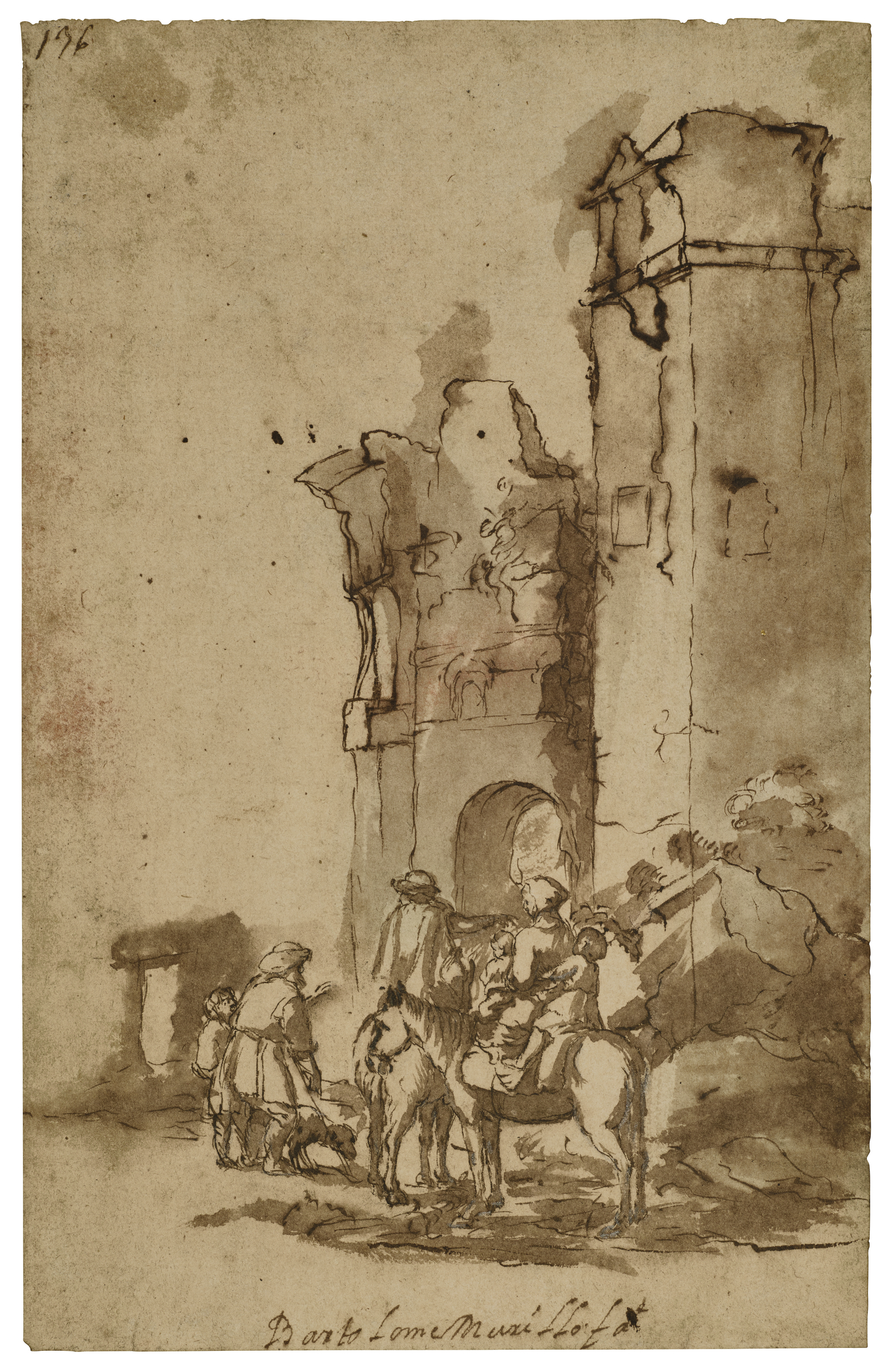 Bartolomé Esteban Murillo (1617–1682), Travelers on donkeys approaching a ruined city