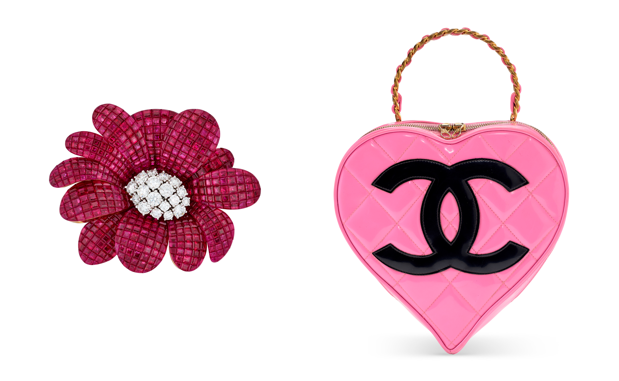 luxury brooch and chanel heart bag