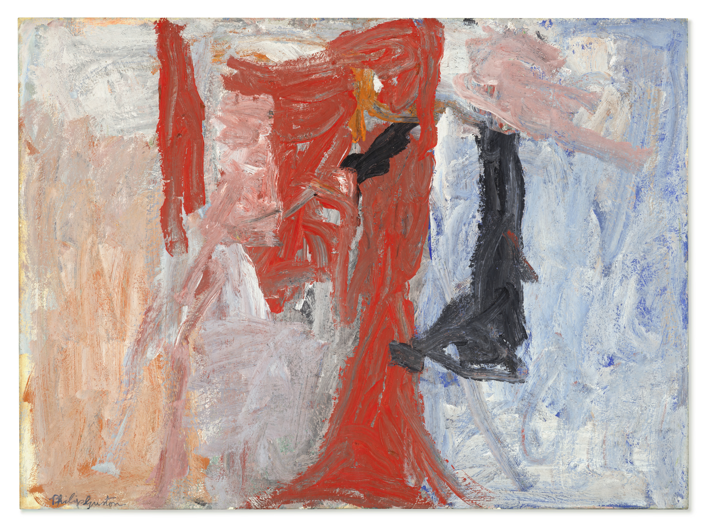 Abstract painting with vibrant red and black strokes against a softer background of blues and whites, signed by Guston
