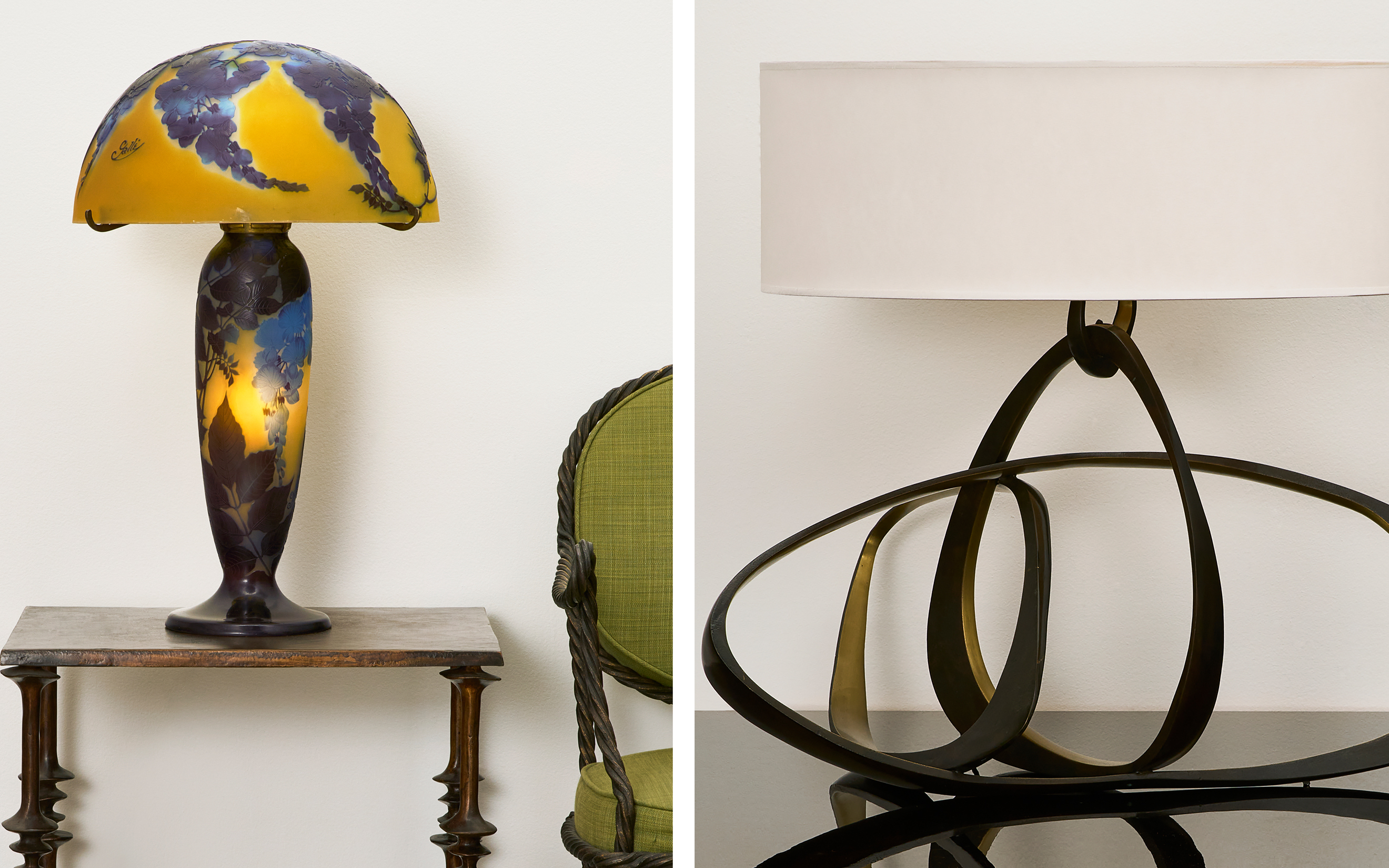Two lamps: one with a floral patterned, dome-shaped shade and a classic base, and the other with a modern, intertwined metal base and a plain shade.