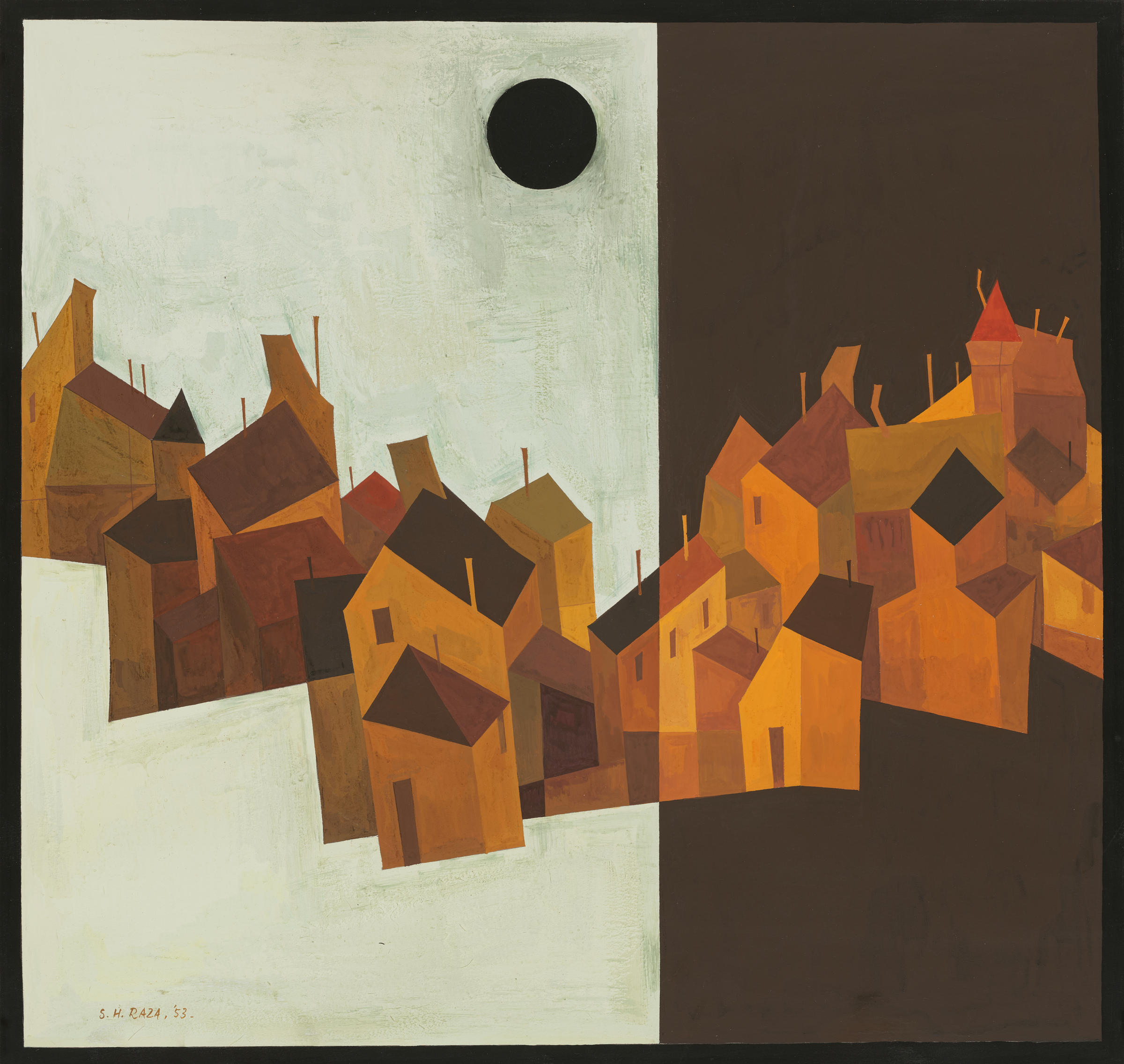 Abstract painting of clustered houses in orange and brown tones, divided by a white and black vertical stripe.