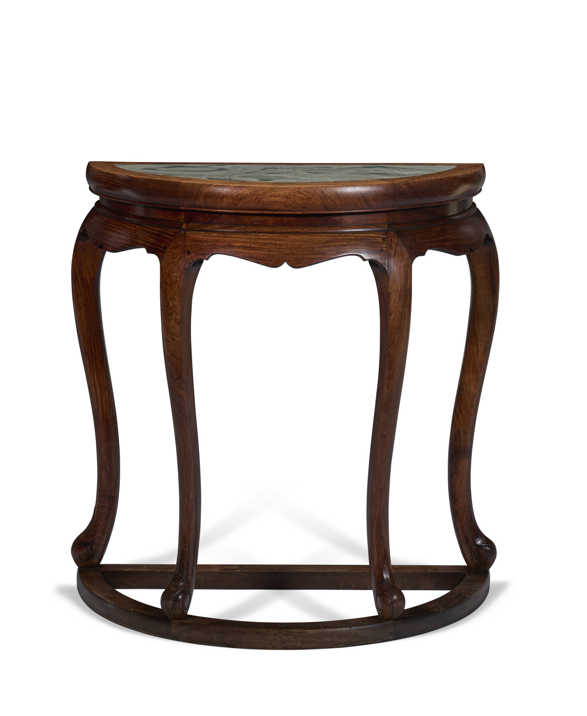 Elegant wooden table with curved legs and a round, inlaid top, isolated on a white background.