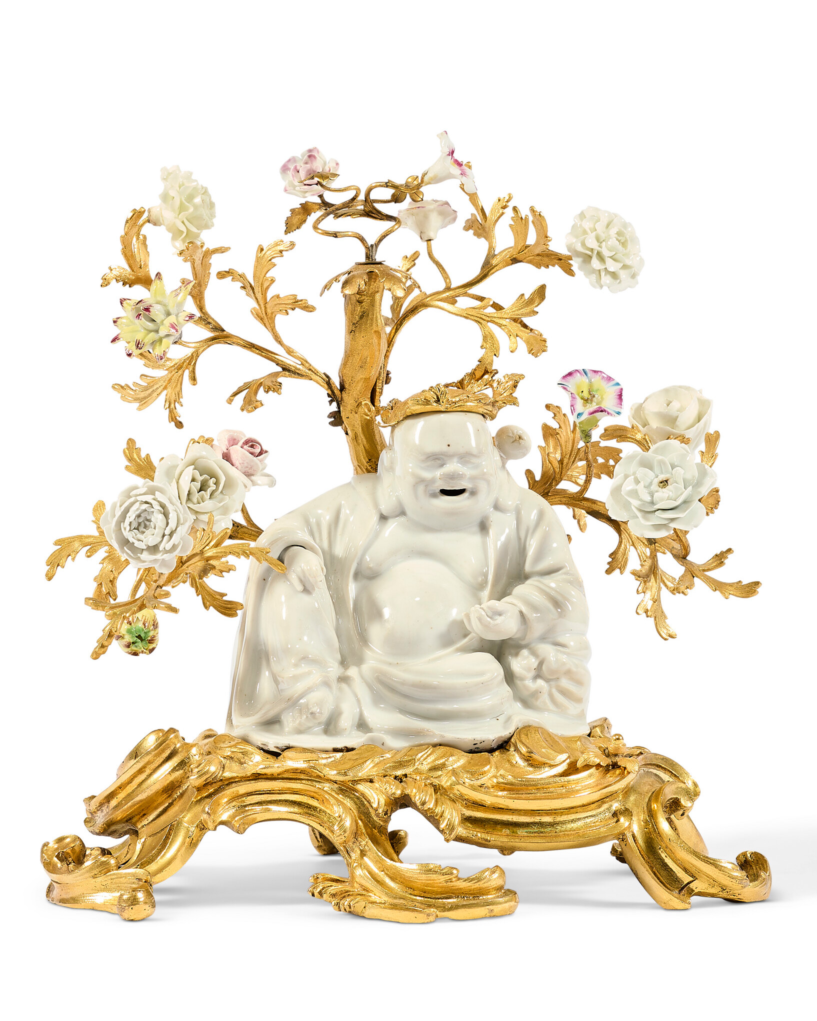 A Louis XV ormolu-mounted white Chinese and polychrome European porcelain magot figure, mid-18th century, offered in Collections: Entre Orient et Occident au XVIIIe siecle, regard d'un amateur eclaire and Souvenirs des princes Murat, until 15 April 2025 at Christie's Online