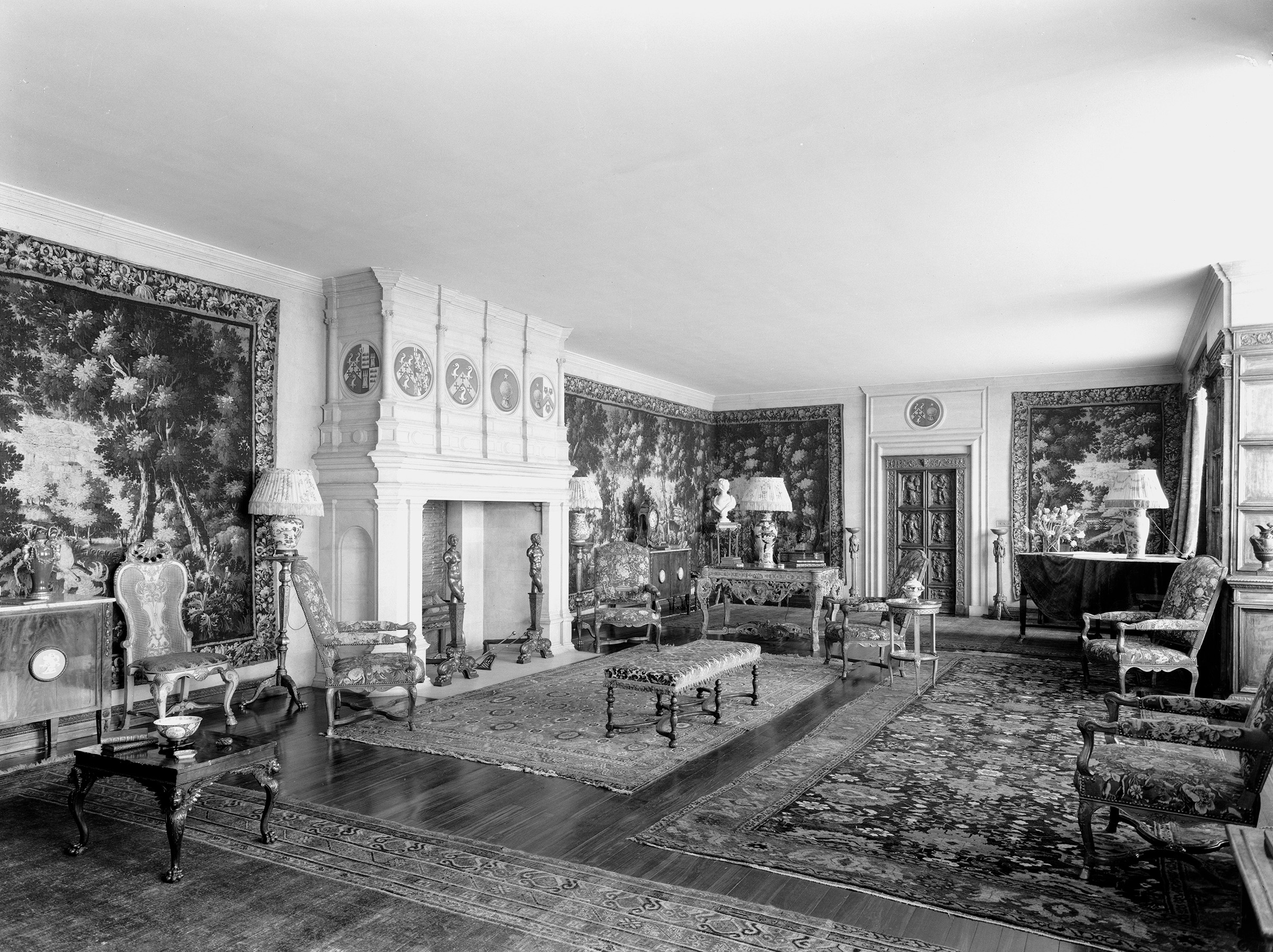 The music room at Ashby St Ledgers, designed by Lutyens in 1904 as a principal reception room in the manor house's new garden front, photographed circa 1912