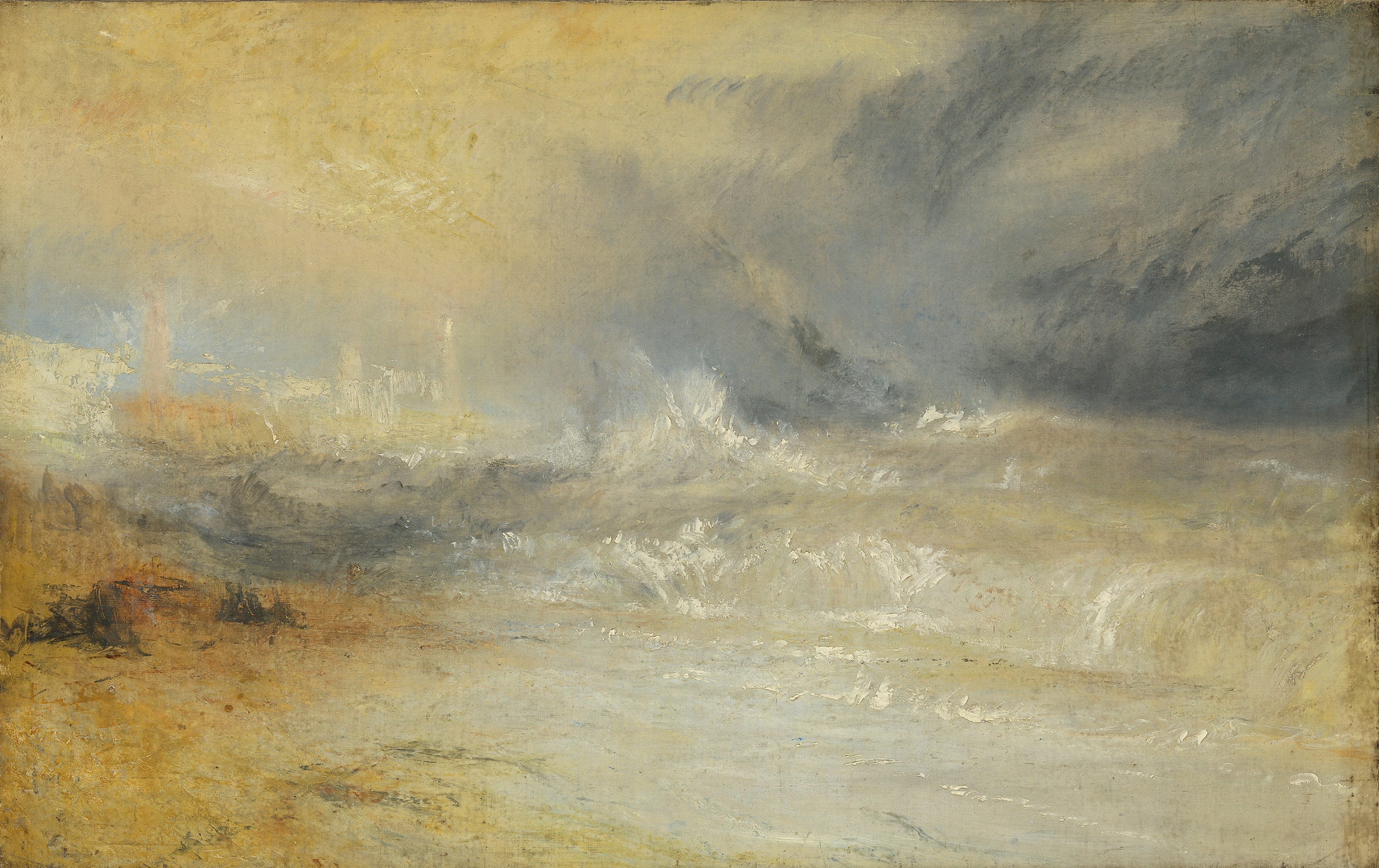 Joseph Mallord William Turner, Waves Breaking on a Lee Shore at Margate (Study for Rockets and Blue Lights), circa 1840. From Turner 250: Breaking Waves at Turner Contemporary, Margate, until 19 April 2026