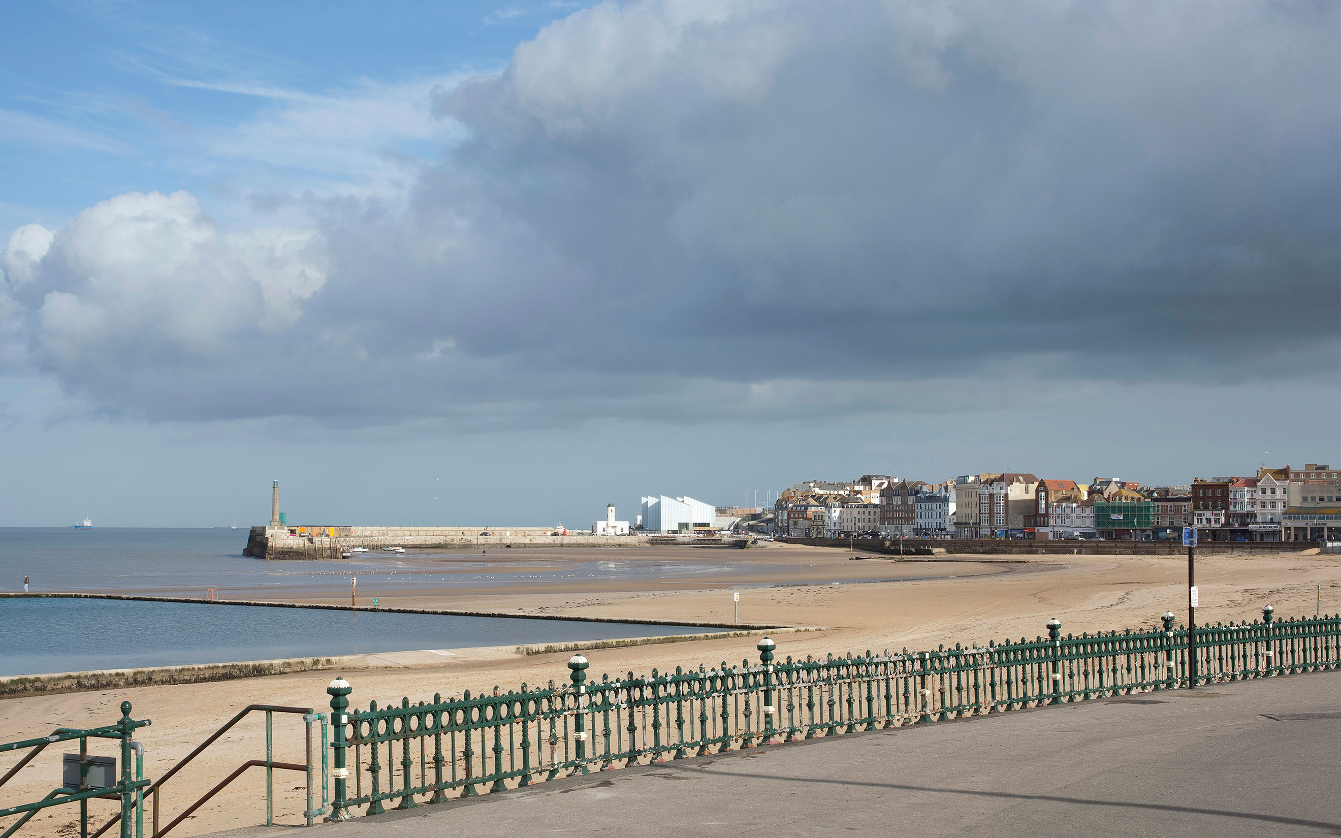 The seafront at Margate on the north Kent coast, showing Turner Contemporary, the art museum that opened in 2011 and helped spark the town's revival as a cultural hub. The building stands on a site once occupied by a guesthouse in which J.M.W. Turner often stayed