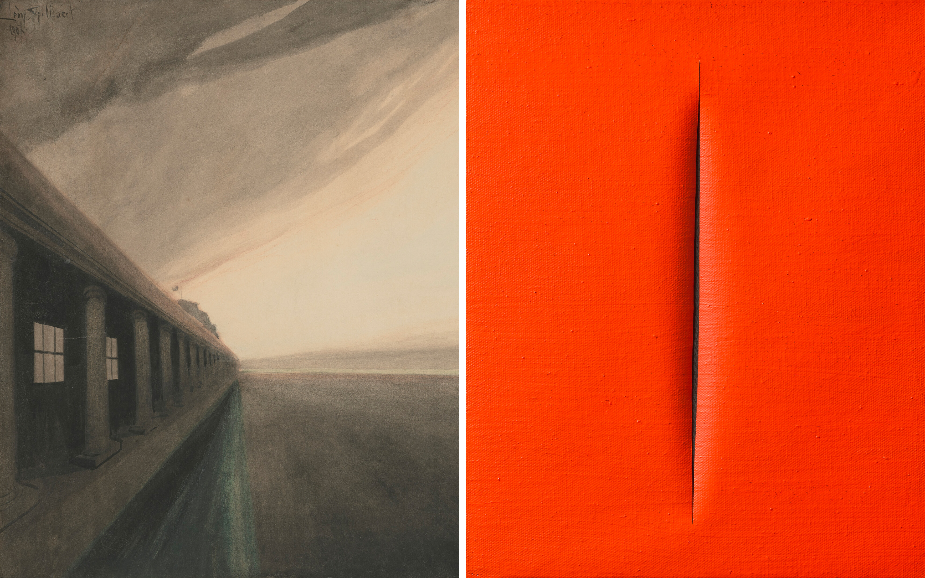 Left: Leon Spilliaert, Galeries royales d'Ostende et plage, apres l'orage, 1907 (detail). Right: Lucio Fontana, Concetto Spaziale, Attesa, 1967 (detail). Both offered in the 20/21 Century Art - Evening Sale on 9 April 2025 at Christie's in Paris