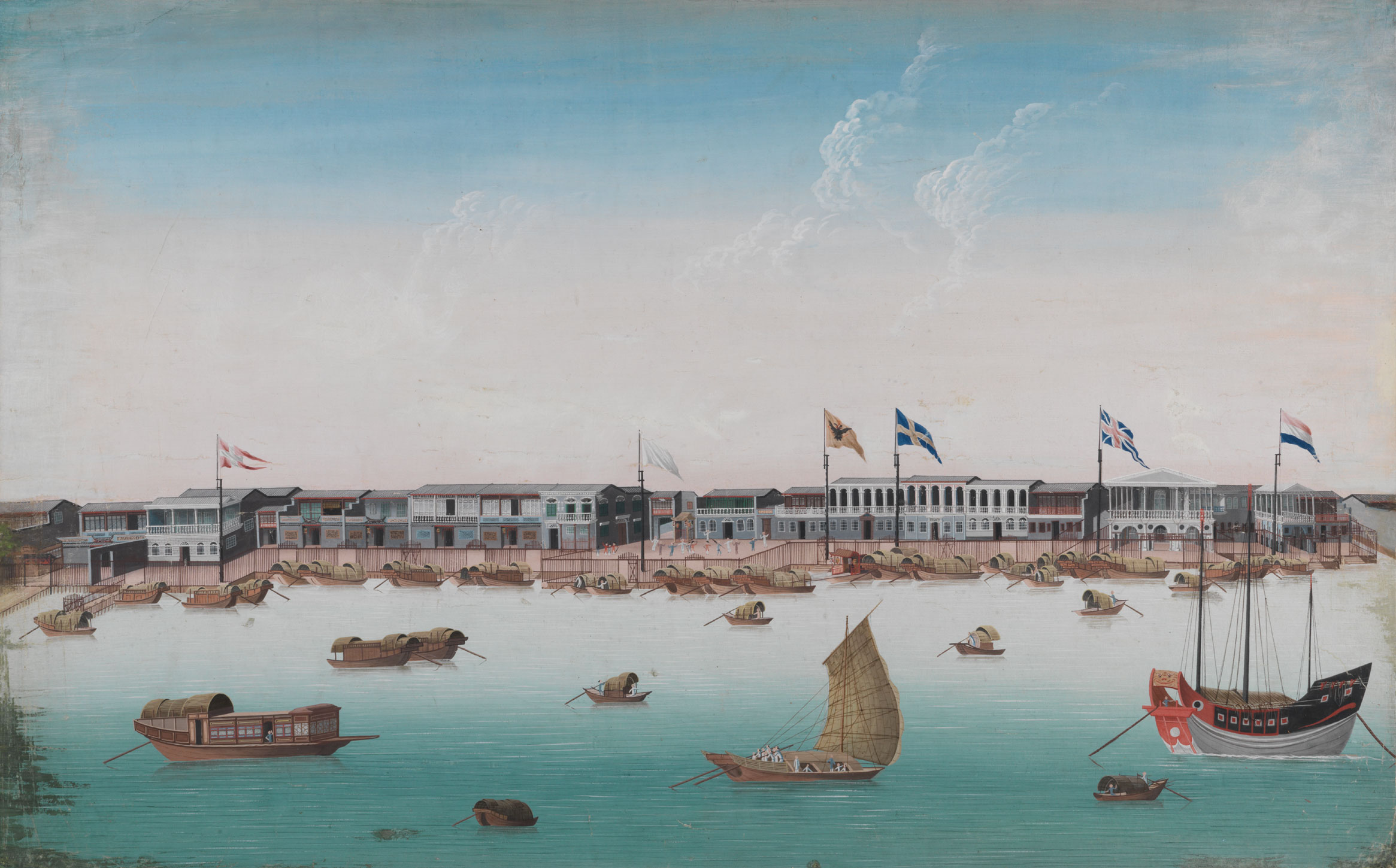 佚名,《广州十三商馆》,约1784-1785年,水粉绢本,43.5 x 71公分。何东爵士捐赠。香港艺术馆藏品