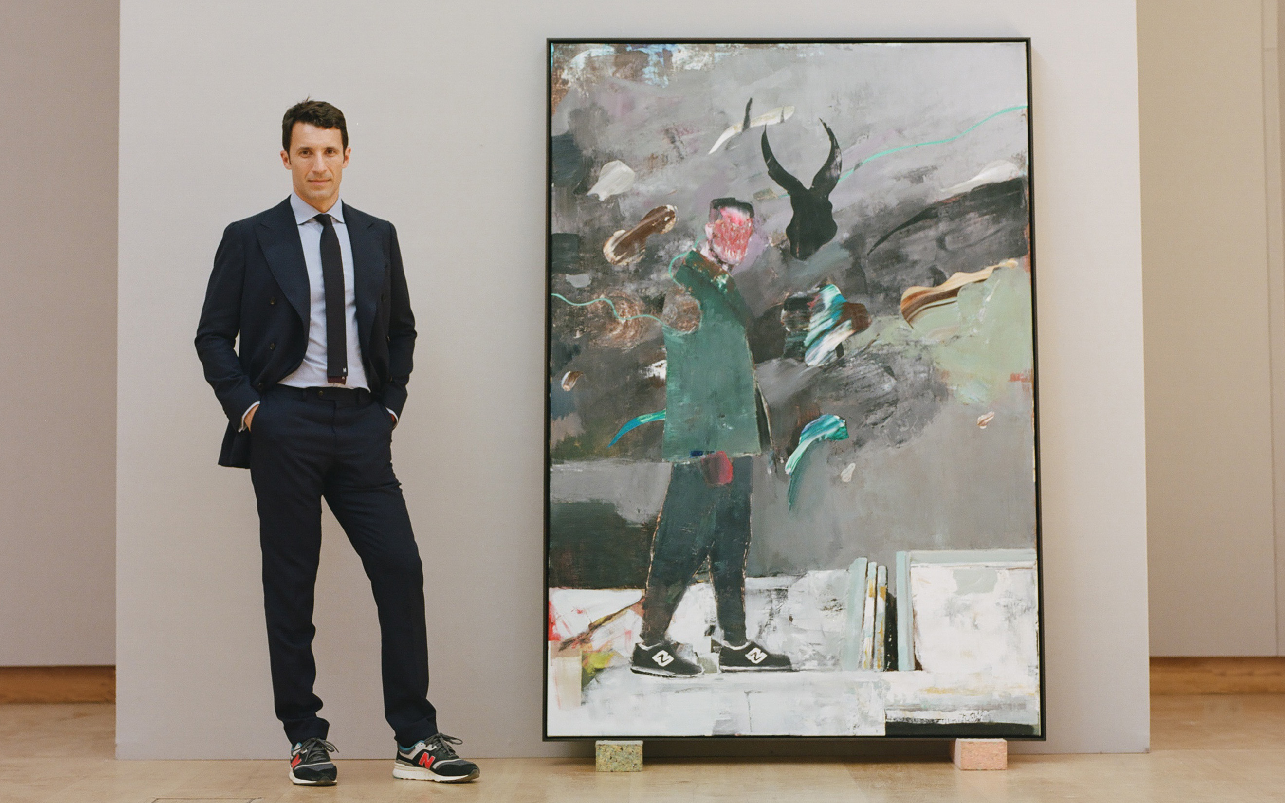 Cristian Albu with Adrian Ghenie's Self-Portrait in 1945, 2014, sold for £1,451,250 on 4 October 2019 at Christie’s in London