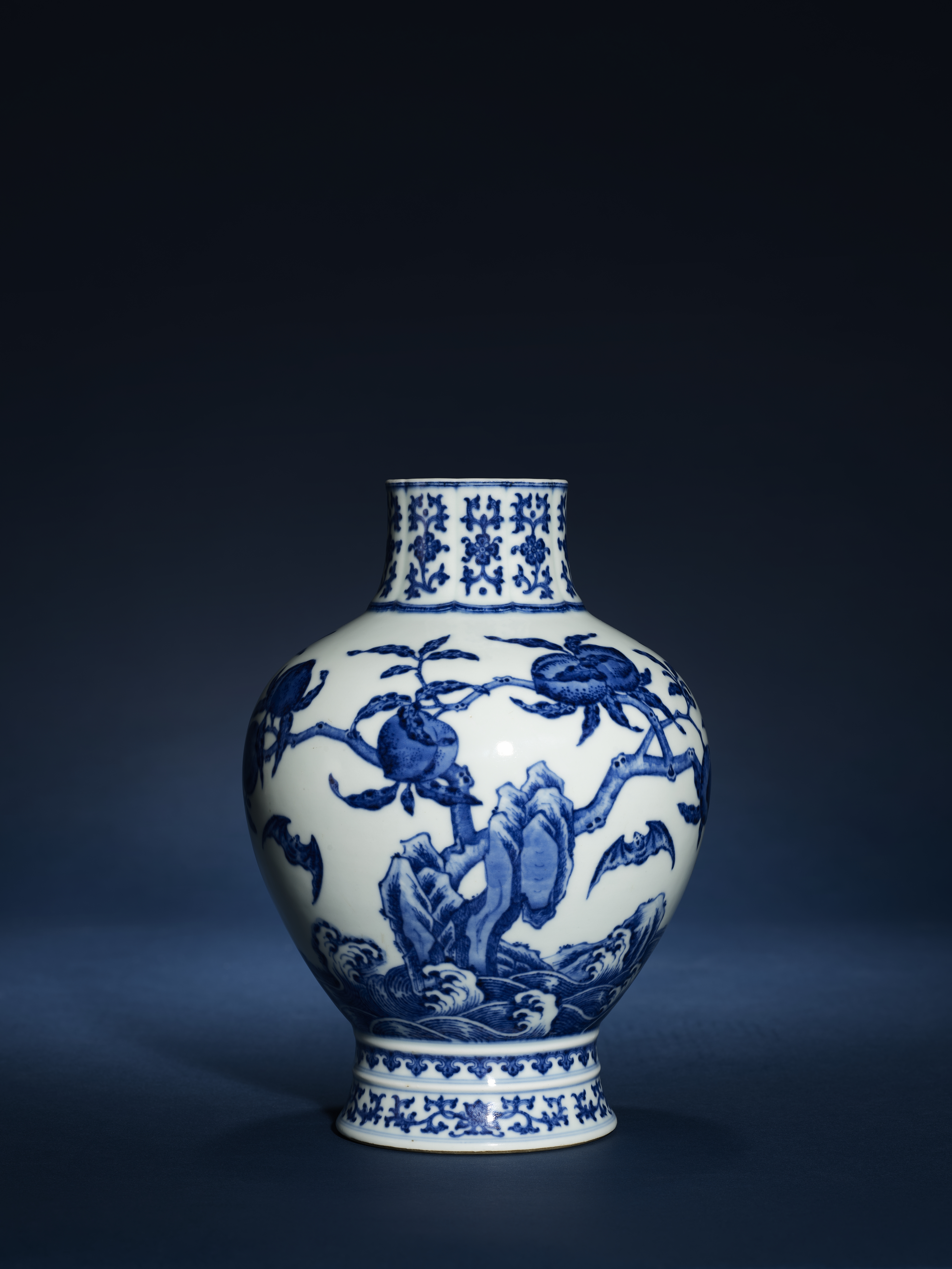 A fine and very rare blue and white ‘peach’ vase. Qianlong six-character seal mark in underglaze blue and of the period (1736-1795). 10 in. (25.3cm.) high. Estimate: hk$3,000,000-5,000,000 / us$390,000-650,000. Offered in the Ravishing Blue : Imperial Porcelains From An Important Private Collection on 2 May at Christie’s in Hong Kong