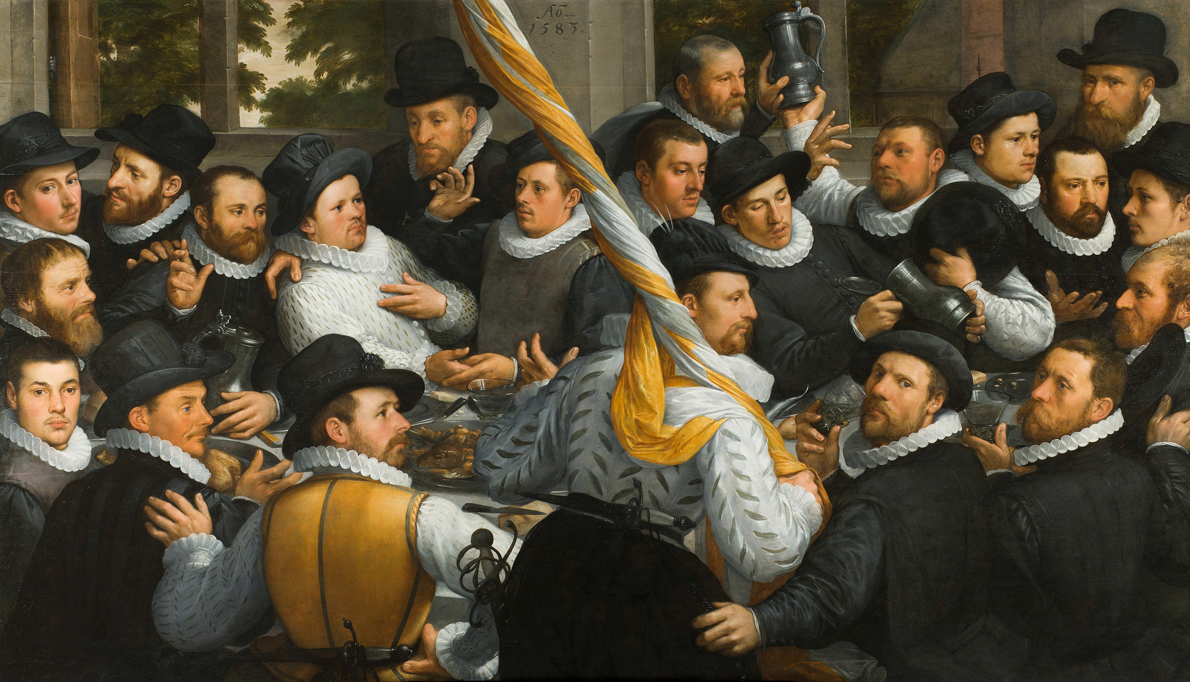Cornelis Cornelisz. van Haarlem, Banquet of Members of the Haarlem Calivermen Civic Guard, 1583, Frans Hals Museum, Haarlem, Netherlands. The man in white to the left of the picture is Cornelis Jacobsz. Schout at an earlier age, prior to becoming standard-bearer