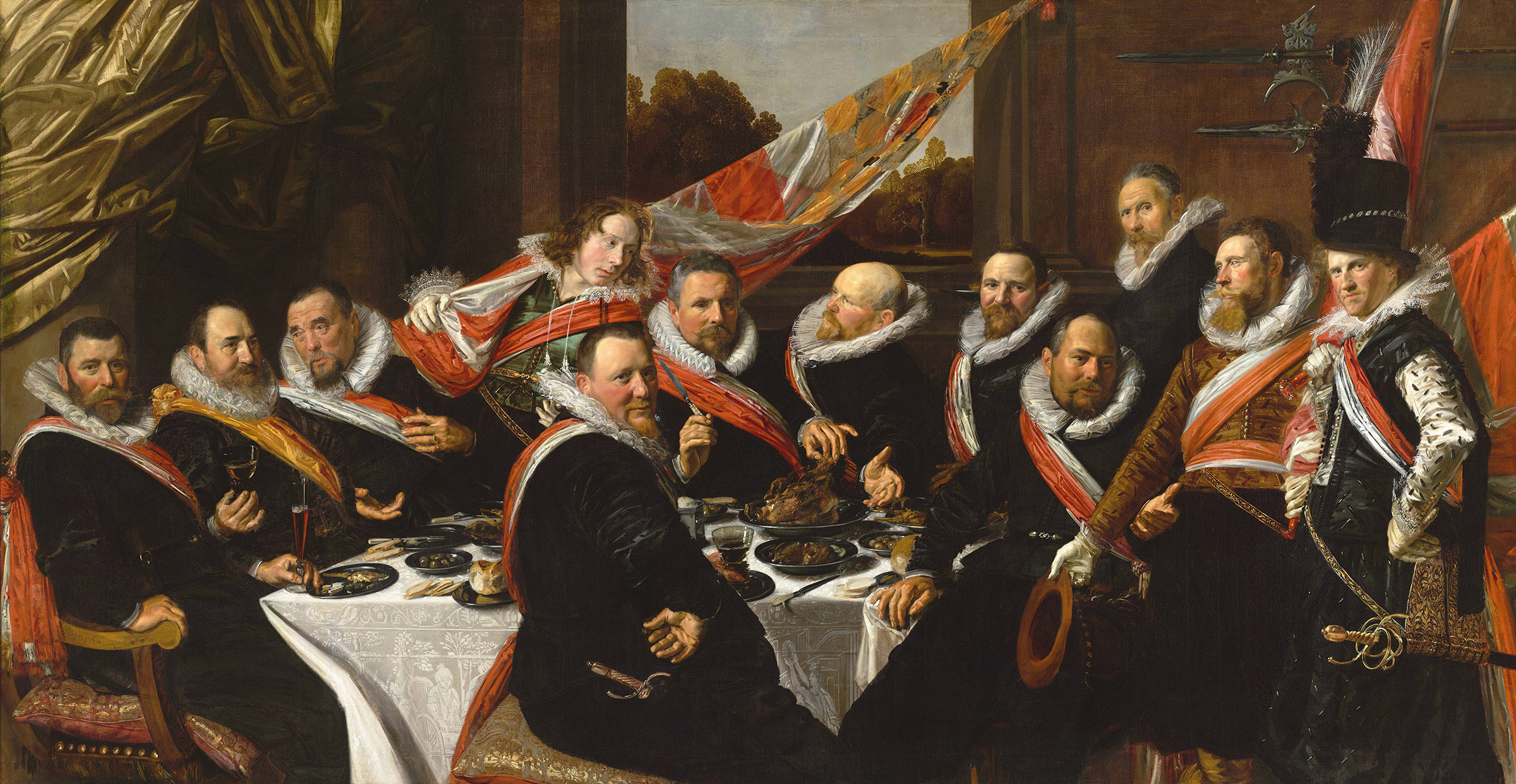 Frans Hals, Banquet of the Officers of the St George Militia Company, 1616, Frans Hals Museum, Haarlem, Netherlands. Schout also appears in this painting, as a balding older man looking at his son Jacob, who has now taken up the role of standard-bearer